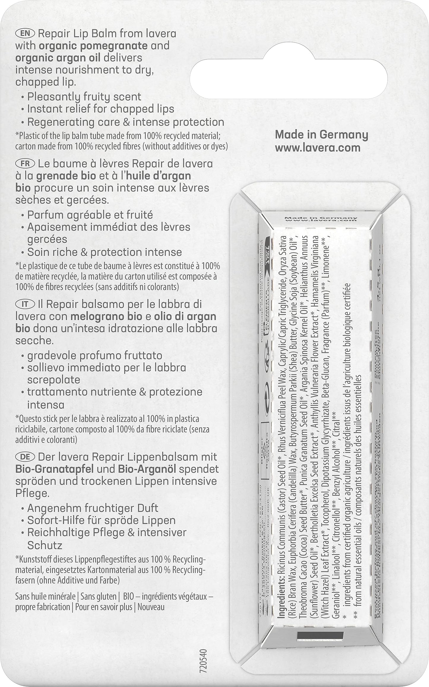 lavera Repair Lip Balm - Protects against dehydration - Instant help - with organic pomegranate & organic argan oil - vegan