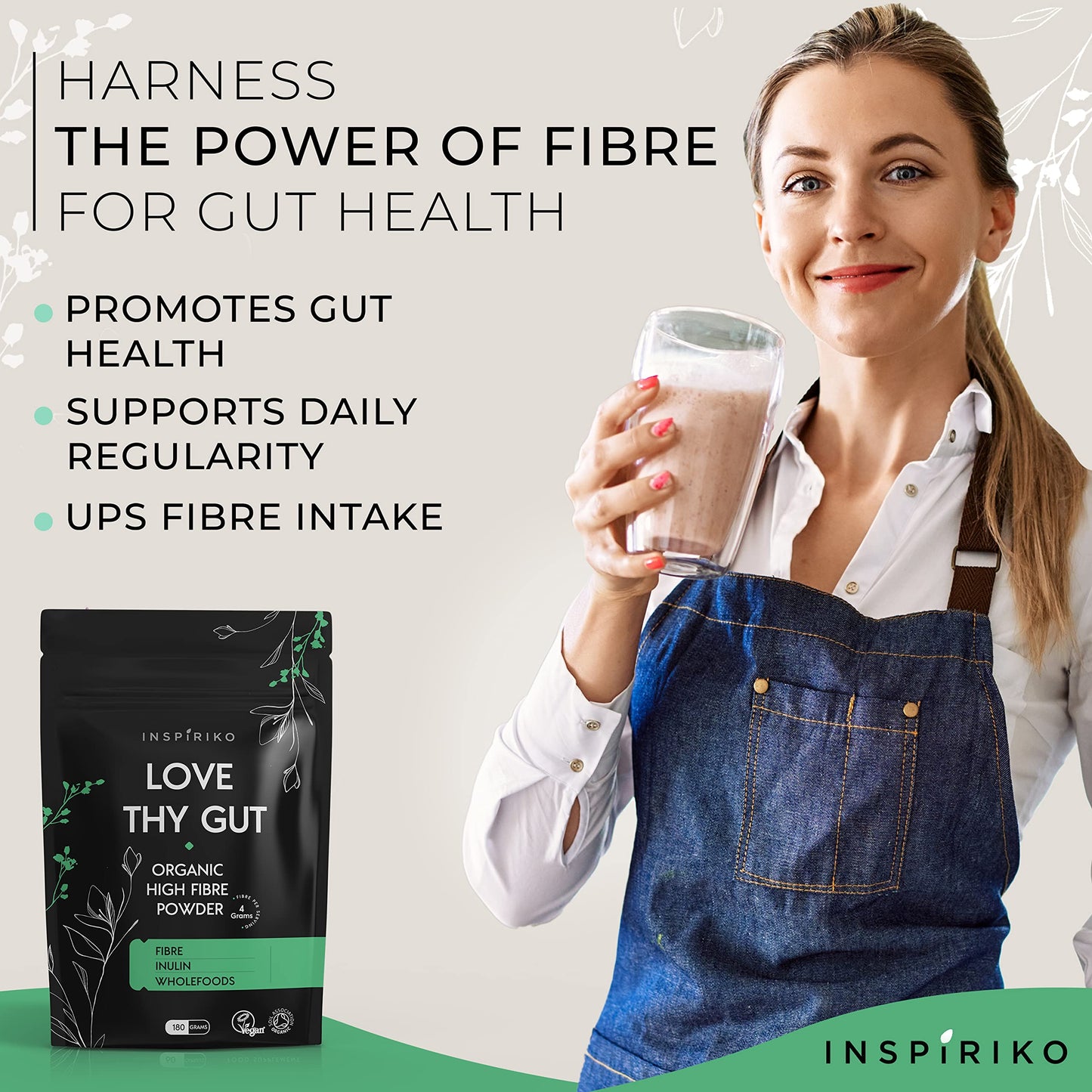 Organic Prebiotic Fibre Supplement - Award Winning Gut Health Supplement with 9 High Fiber Superfoods - High in Soluble Fibre Powder, Prebiotics & Insoluble Fibre. 180 Grams. by Inspiriko