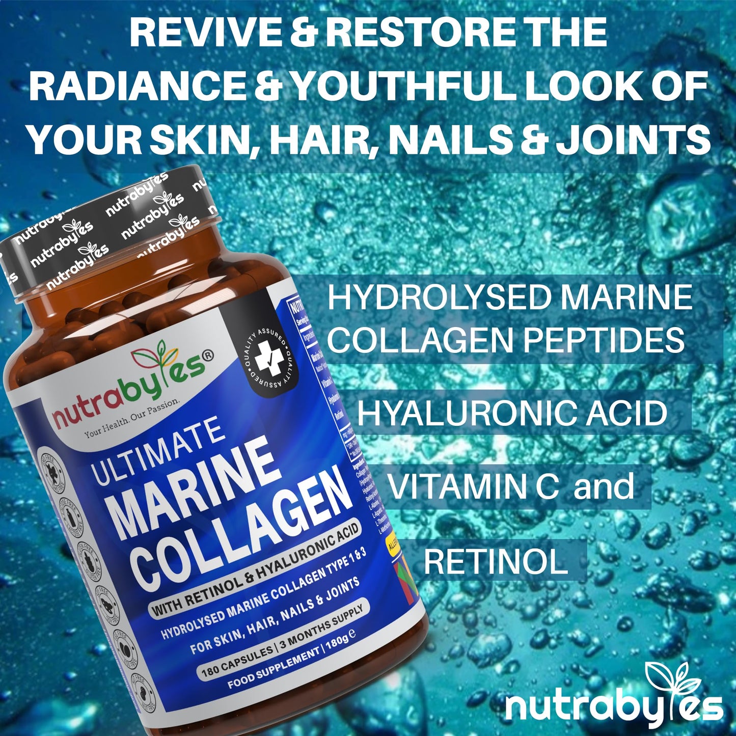 NUTRABYTES Marine Collagen Capsules with Hyaluronic Acid and Vitamin C 1200mg | 180 Capsules - 3 Months Supply | Hydrolysed Marine Collagen Supplement for Women and Men | Hair Skin Nails Joints | Made in UK
