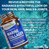 NUTRABYTES Marine Collagen Capsules with Hyaluronic Acid and Vitamin C 1200mg | 180 Capsules - 3 Months Supply | Hydrolysed Marine Collagen Supplement for Women and Men | Hair Skin Nails Joints | Made in UK