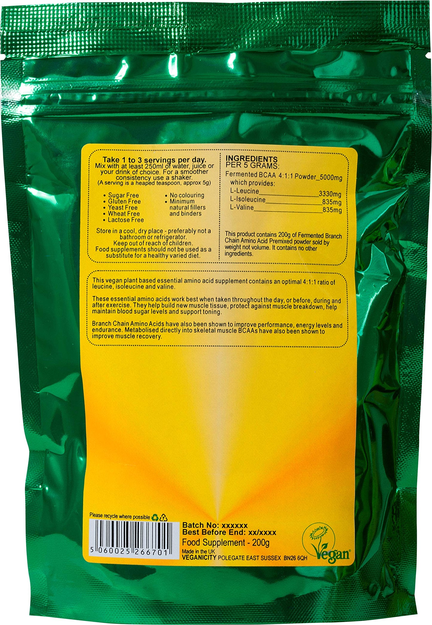 Veganicity Fermented BCAA 4:1:1 Powder : Amino Acid Supplement : 200g, in a recyclable pouch