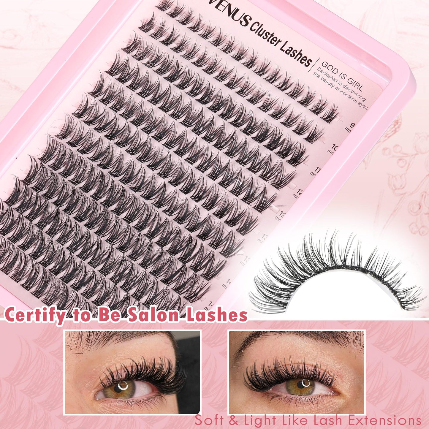 Goddvenus Individual Eyelashes Wispy Lash Clusters Kit D Curl Eyelashes Individual Kit Natural Lash Extension Kit with Russian Cluster Lashes Glue Bond and Seal and Lash Tweezers (D Curl 192pcs)