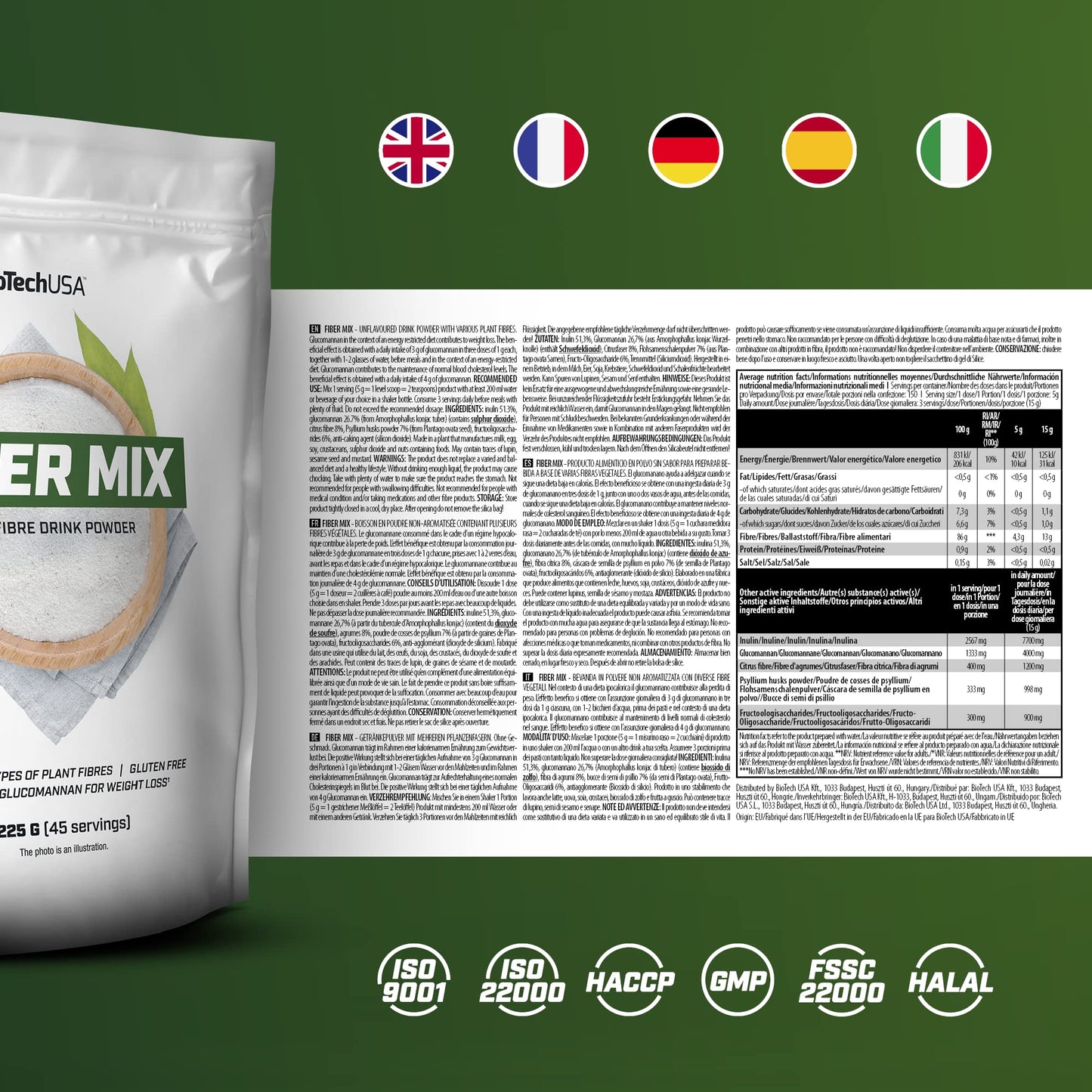 BioTechUSA Fiber Mix, Drink Powder with Different Types of Plant fibers, 225 g, Unflavored