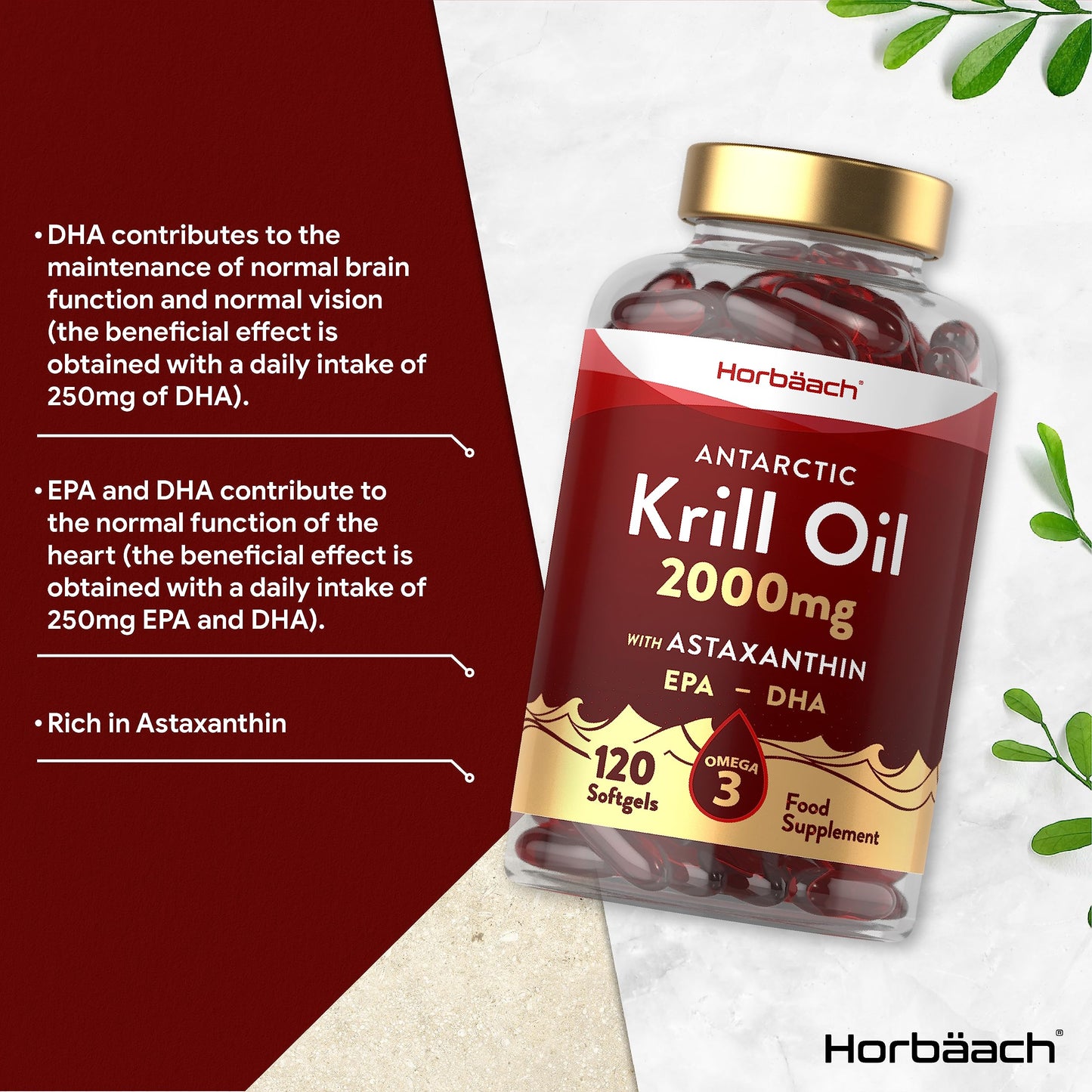 Antarctic Krill Oil 2000mg | 120 Softgel Capsules | High Strength Supplement with Astaxanthin and Omega 3 Fatty Acids EPA/DHA | by Horbaach