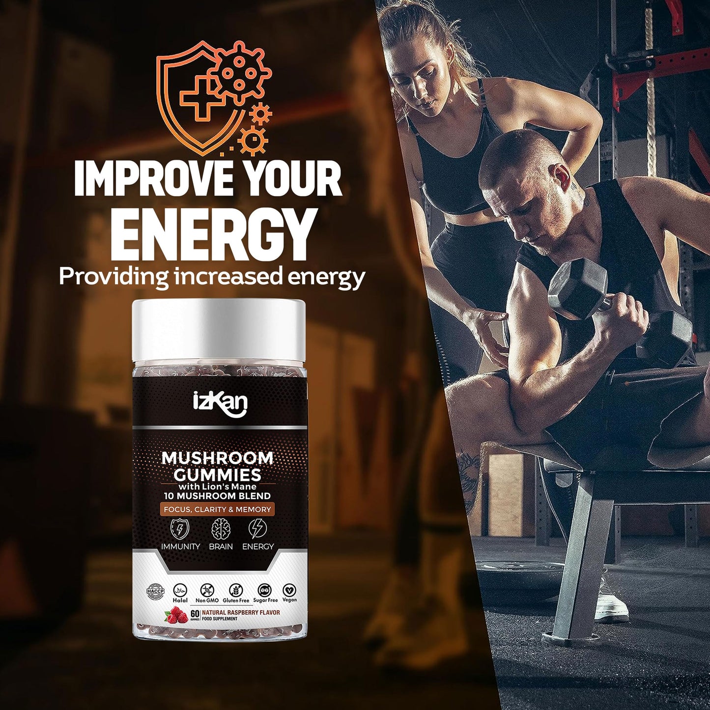 Izkan Mushroom Gummies Supplement 3000mg - 9 Mushrooms Gummies with Ashwagandha Supplement Promotes Nootropic Brain Supplement, Immune Support & Stress Relief - 60 Count (Halal, Gluten-Free, Vegan) (2)