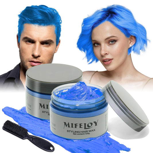 Mifeloy 2 Pcs 120g Temporary Blue Hair Color Wax with Dye Brush, Instant Natural Hairstyle Cream, Disposable Coloring Mud for Men Women Youth, Washable Styling Pomades for Party Cosplay Halloween