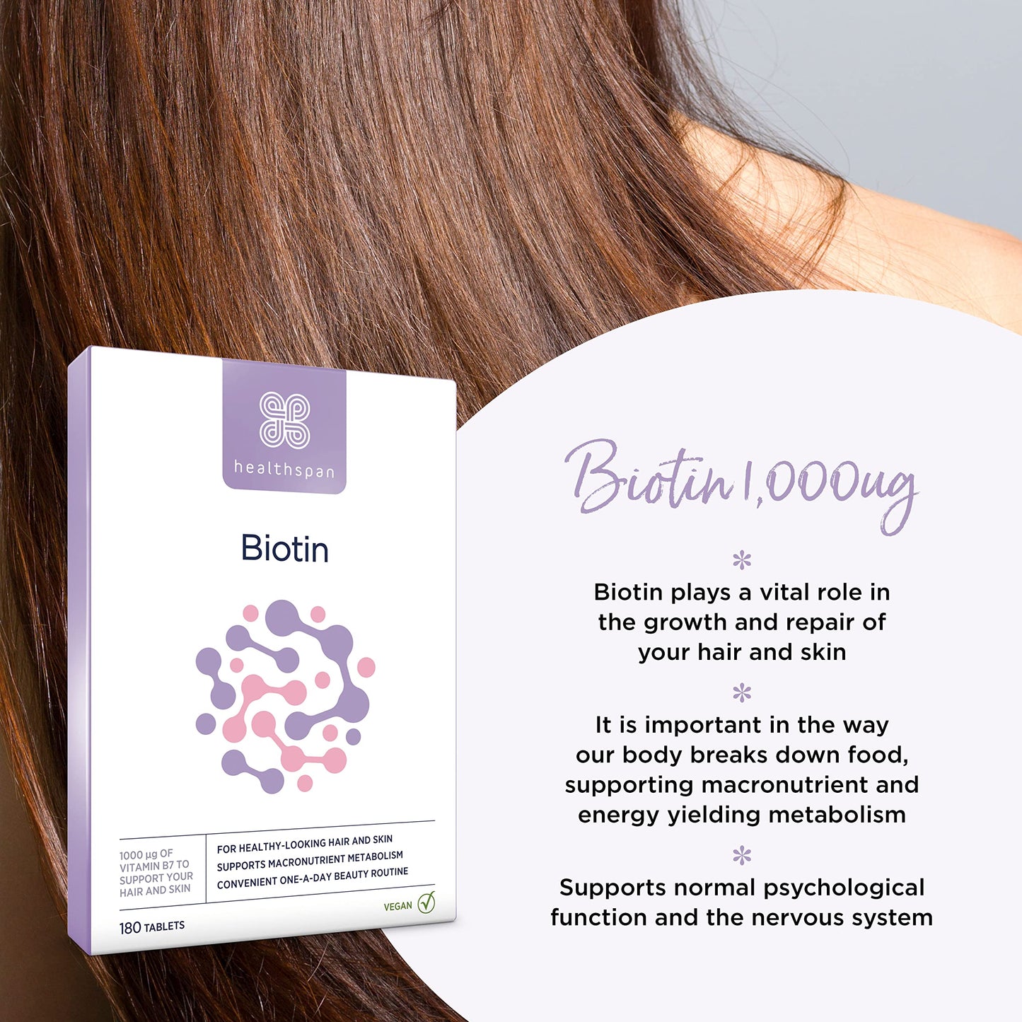 healthspan Healthspan Biotin 1,000μg (6 Months Supply) | Vitamin B for Healthy Hair & Skin | Supports Macronutrient Metabolism | One-a-Day Tablets | Vegan