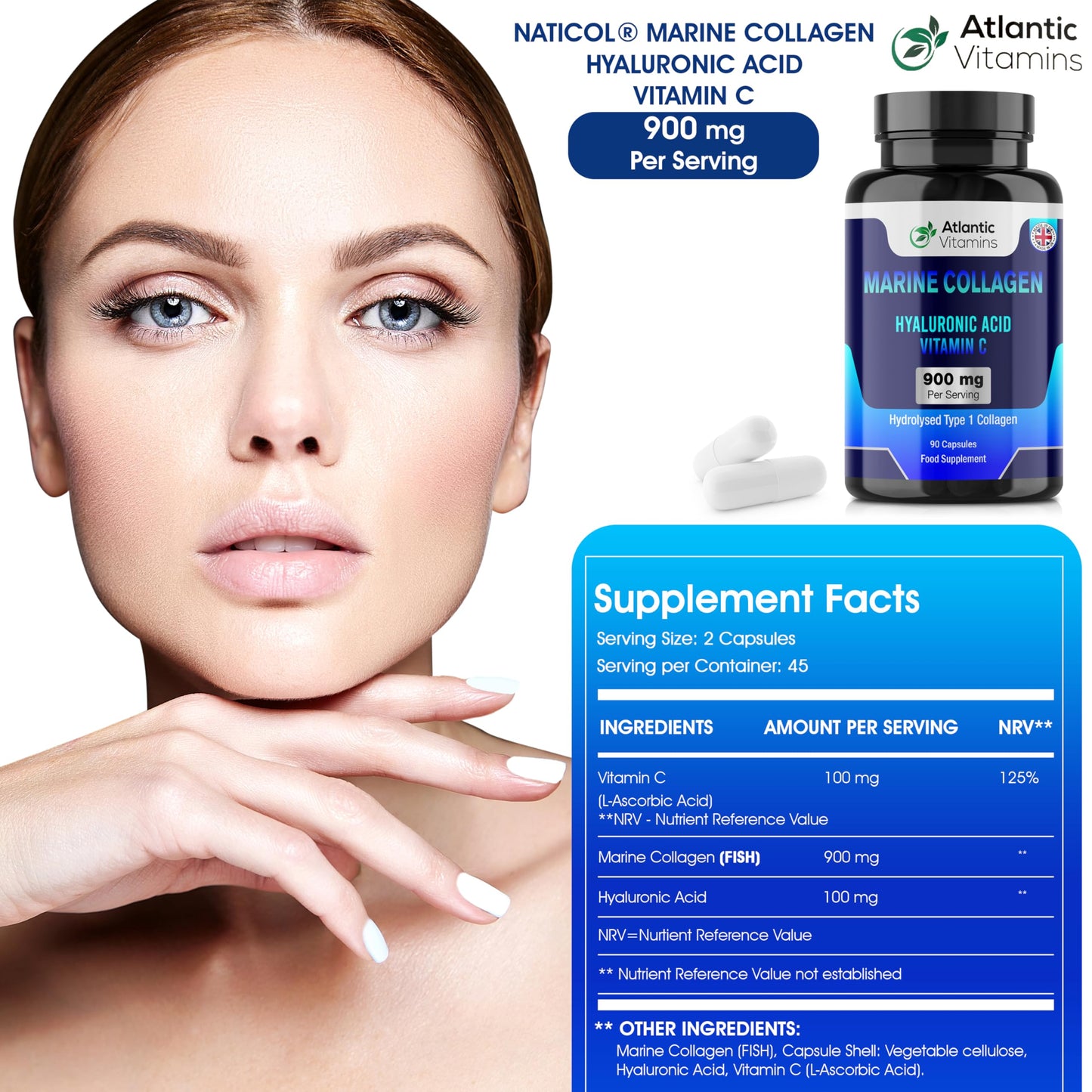 Atlantic Vitamins Marine Collagen 900 mg - High Strength 90 Capsules Collagen with Hyaluronic Acid and Vitamin C for Skin, Joints and Hair - Type 1 Hydrolysed Collagen Supplements for Women & Men - UK Made