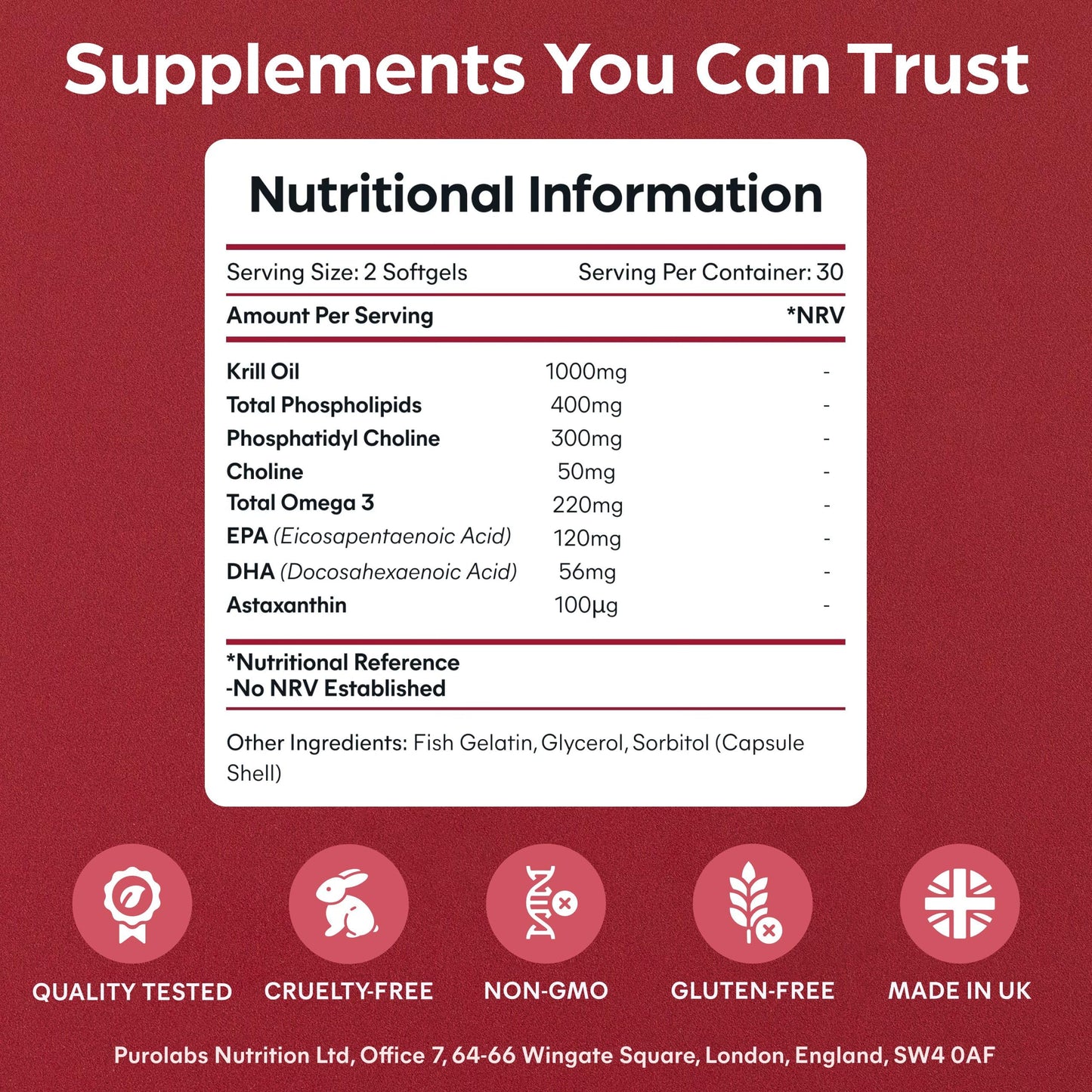 Purolabs Antarctic Krill Oil 1000mg - High Strength Omega-3 (220mg) with Phospholipids (400mg) & Astaxanthin - Superba™ Sustainable Source - Heart, Brain & Eye Health - 60 Capsules