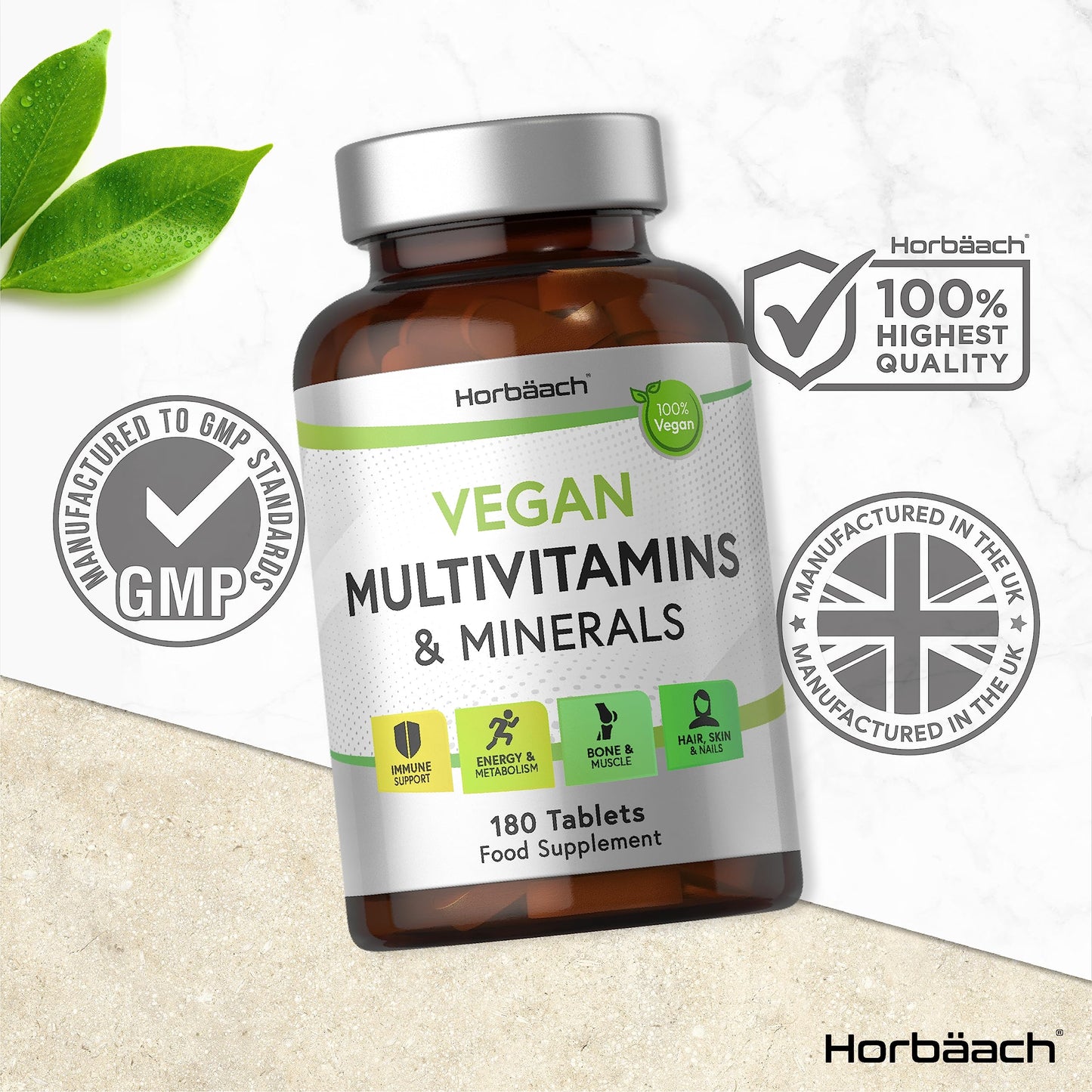 Vegan Multivitamin and Minerals | 180 Tablets | Essential Nutrients for Vegans | No Artificial Preservatives | by Horbaach