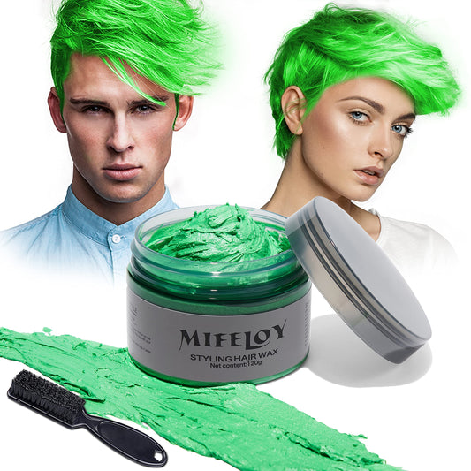 Mifeloy 120g Temporary Green Hair Color Wax with Dye Brush, Instant Natural Hairstyle Cream, Disposable Coloring Mud for Men Women Youth, Washable Styling Pomades for Party Cosplay DIY Halloween