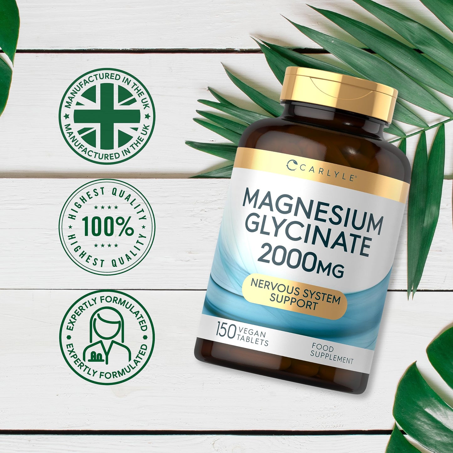 Magnesium Glycinate Supplements | 2000mg High Strength Magnesium Bisglycinate | 150 Vegan Tablets | by Carlyle
