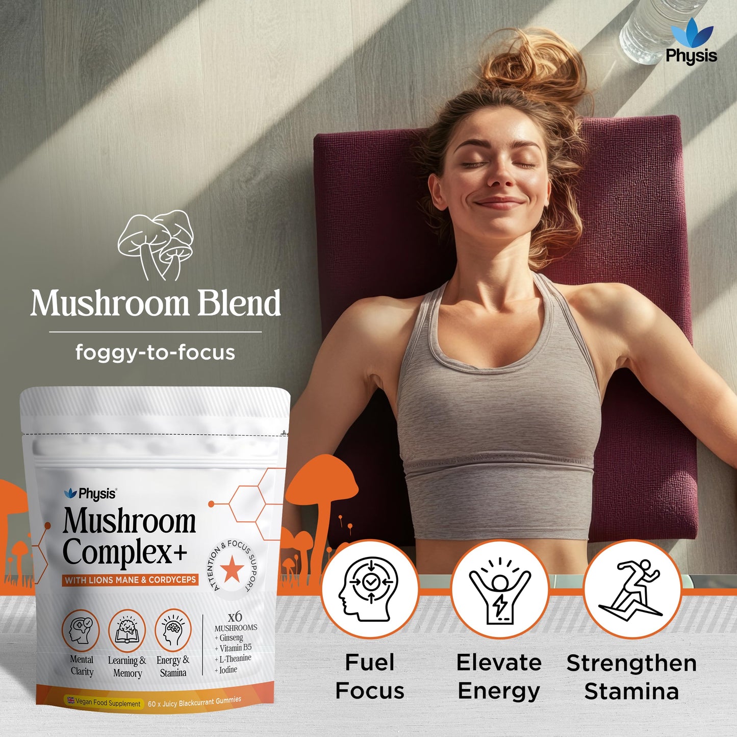 Physis Mushroom Gummies Complex+ | Lions Mane Supplement with Cordyceps & Nootropics | High Strength | 60 x Juicy Blackcurrant Chewables | 1 Month Supply | Neuro-Support | Focus & Attention
