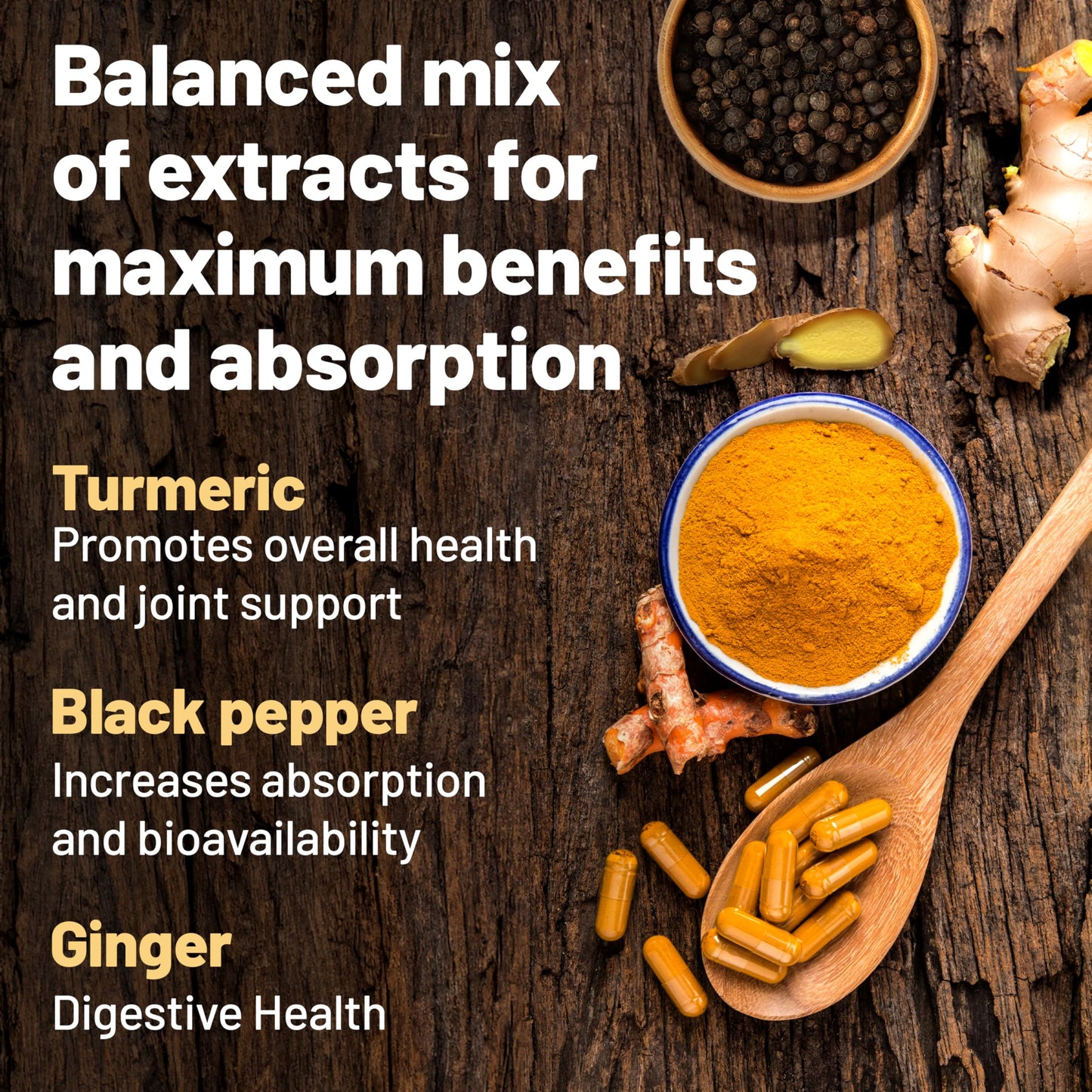 Turmeric and Black Pepper Capsules High Strength with Ginger Supplement 2500mg Equivalent - Curcumin Capsules 92%, Piperine 95%, Gingerols 5% - 60 Capsules - 2 Months Supply, 100% Vegan, GMP