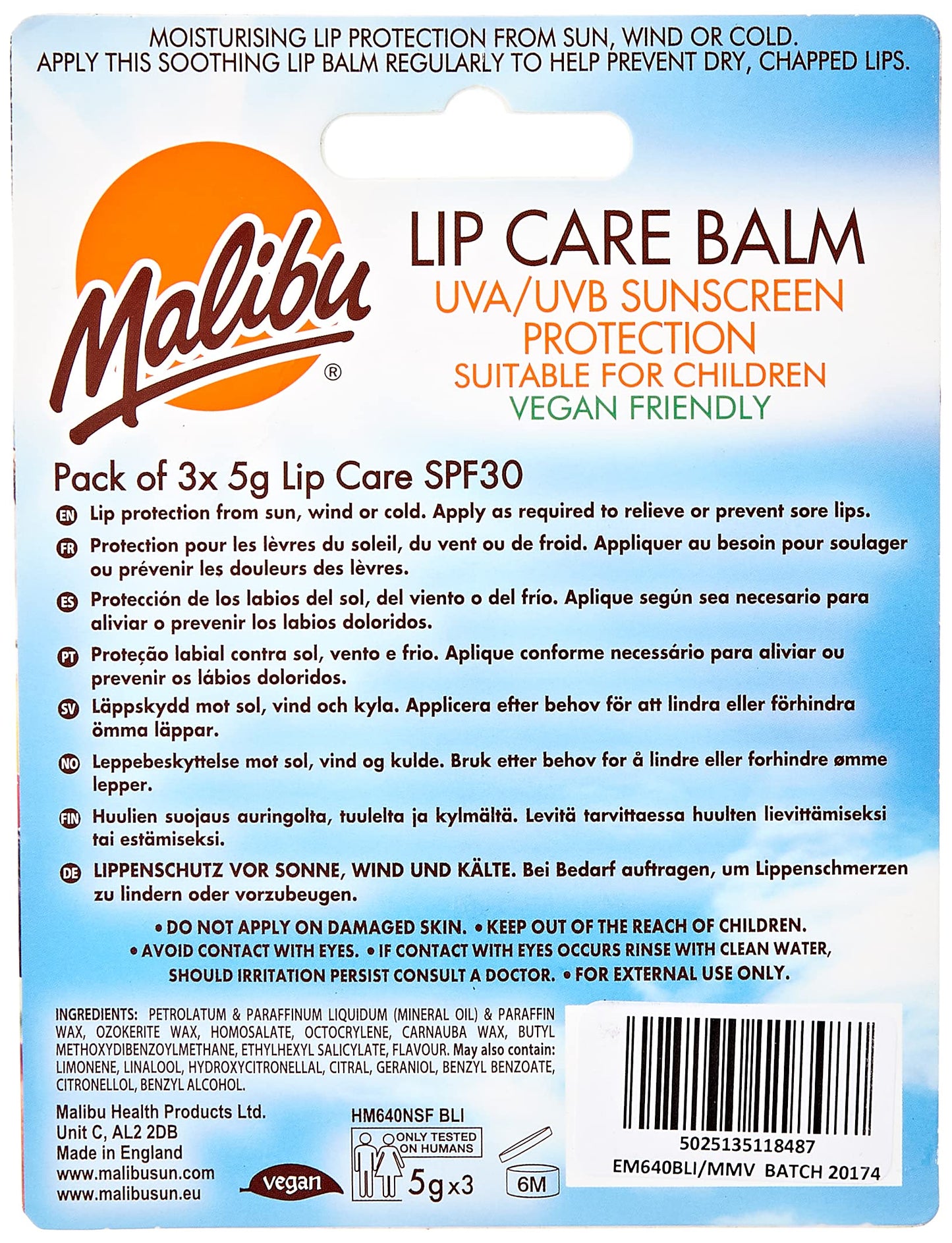 Malibu Blister Lipbalm with SPF30, Mint/Mango/Vanilla 12 ml, (Pack of 1)