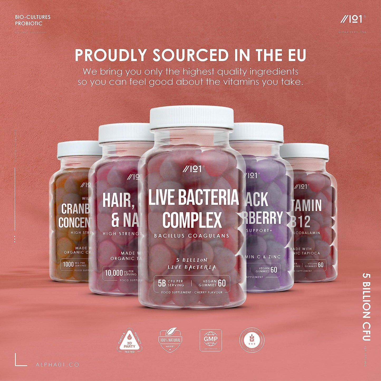 ALPHA01 Bio Complex Probiotic Cultures Gummies - 5B CFU Bacillus Coagulants Per Serving - Non-GMO, Gluten Free, Halal, Cherry Flavour - 60 Vegan Gummies. 1 Pack
