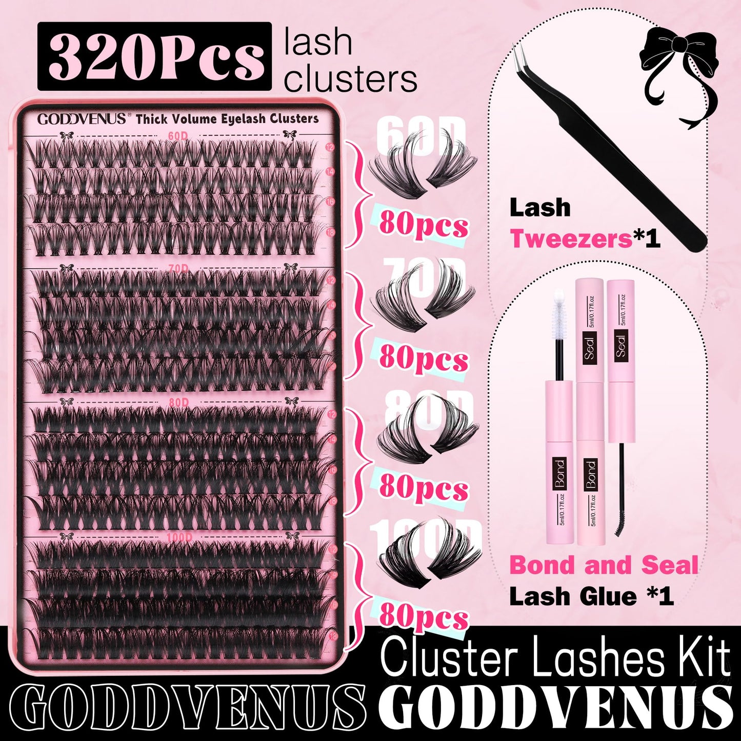 Goddvenus Fluffy Individual Eyelashes Kit 60+70+80+100D Clusters Lashes Kit 320Pcs Eyelash Individual DIY Lash Extension kit Russian D Curl Lashes Individual Cluster with Bond and Seal (12-18mm Mix)
