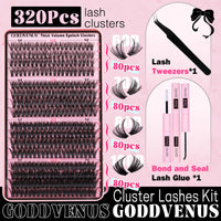 Goddvenus Fluffy Individual Eyelashes Kit 60+70+80+100D Clusters Lashes Kit 320Pcs Eyelash Individual DIY Lash Extension kit Russian D Curl Lashes Individual Cluster with Bond and Seal (12-18mm Mix)