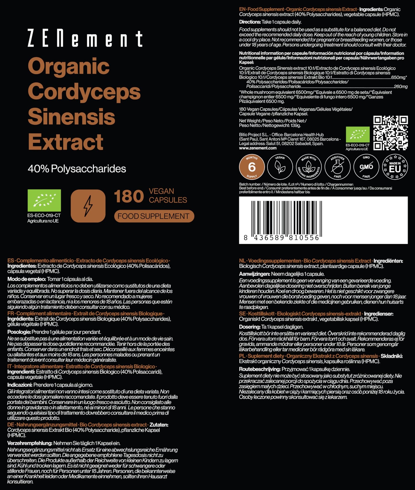 Organic Cordyceps Sinensis, 180 Capsules (6-Month Supply) | Mushroom Extract Powder Supplement | 650mg of Authentic CS-4 Extract, 40% bioactive Polysaccharides | Vegan, No Additives | Zenement