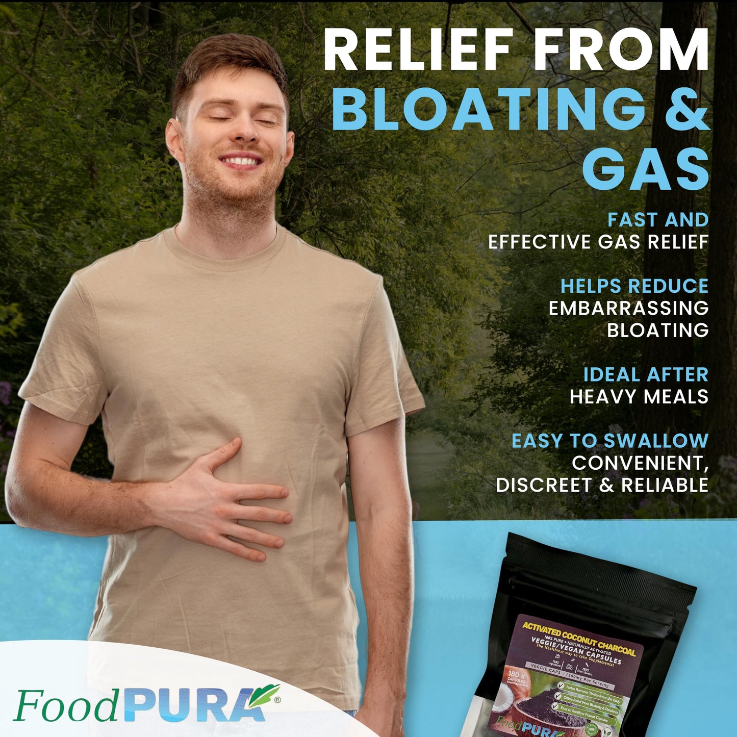 FoodPURA Coconut Activated Charcoal Capsules 1500mg x 180 100% Natural Vegan Digestive Supplement Reduces Bloating & Flatulence After Eating (180)