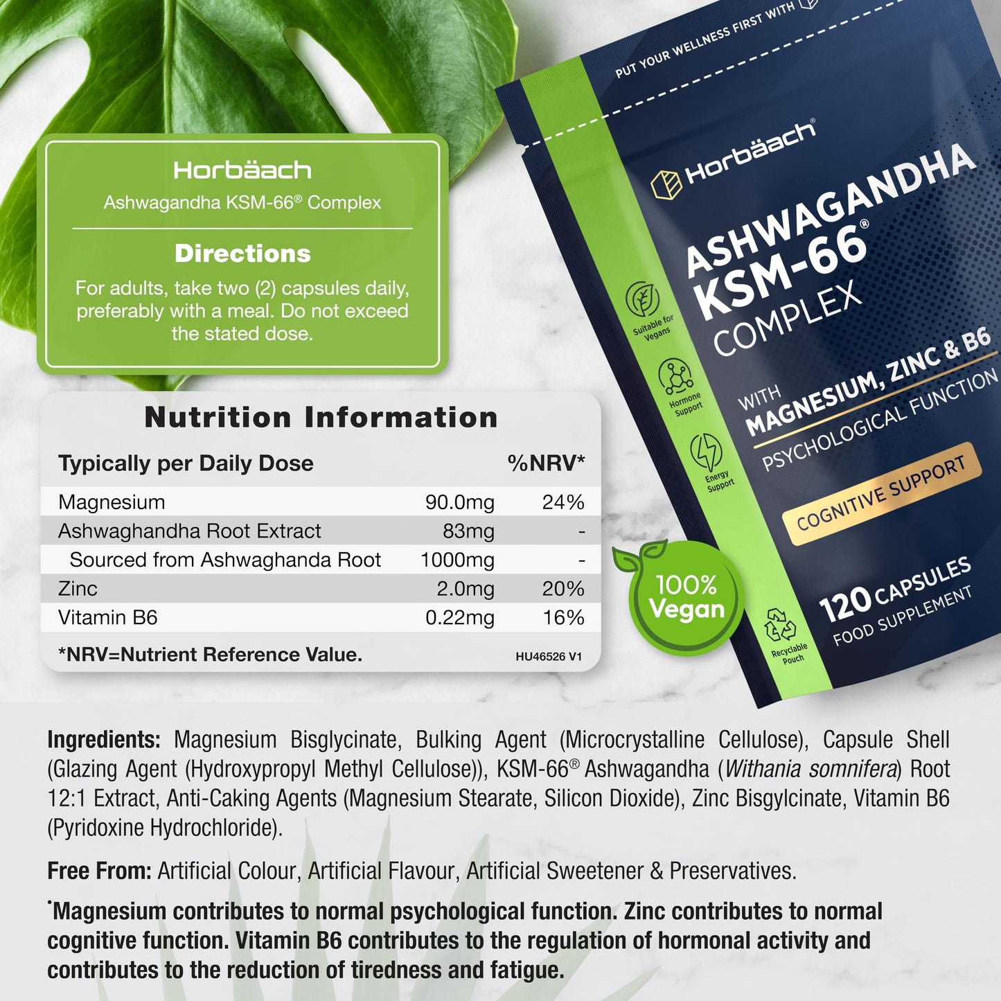 Horbäach Ashwagandha KSM-66 Complex with Magnesium, Zinc & Vitamin B6 | High Strength Ashwagandha Root Supplement | 120 Vegan Capsules | Horbaach