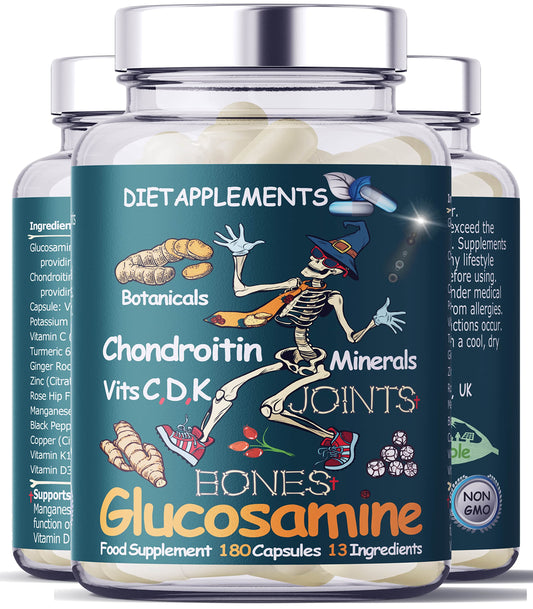 Dietapplements Glucosamine & Chondroitin complex – 180 High Strength Capsules – Turmeric, Ginger, Black Pepper, Rosehip, Vitamin C, Vitamins D & Vitamin K, Zinc, Manganese and Copper & Potassium for bones and joints