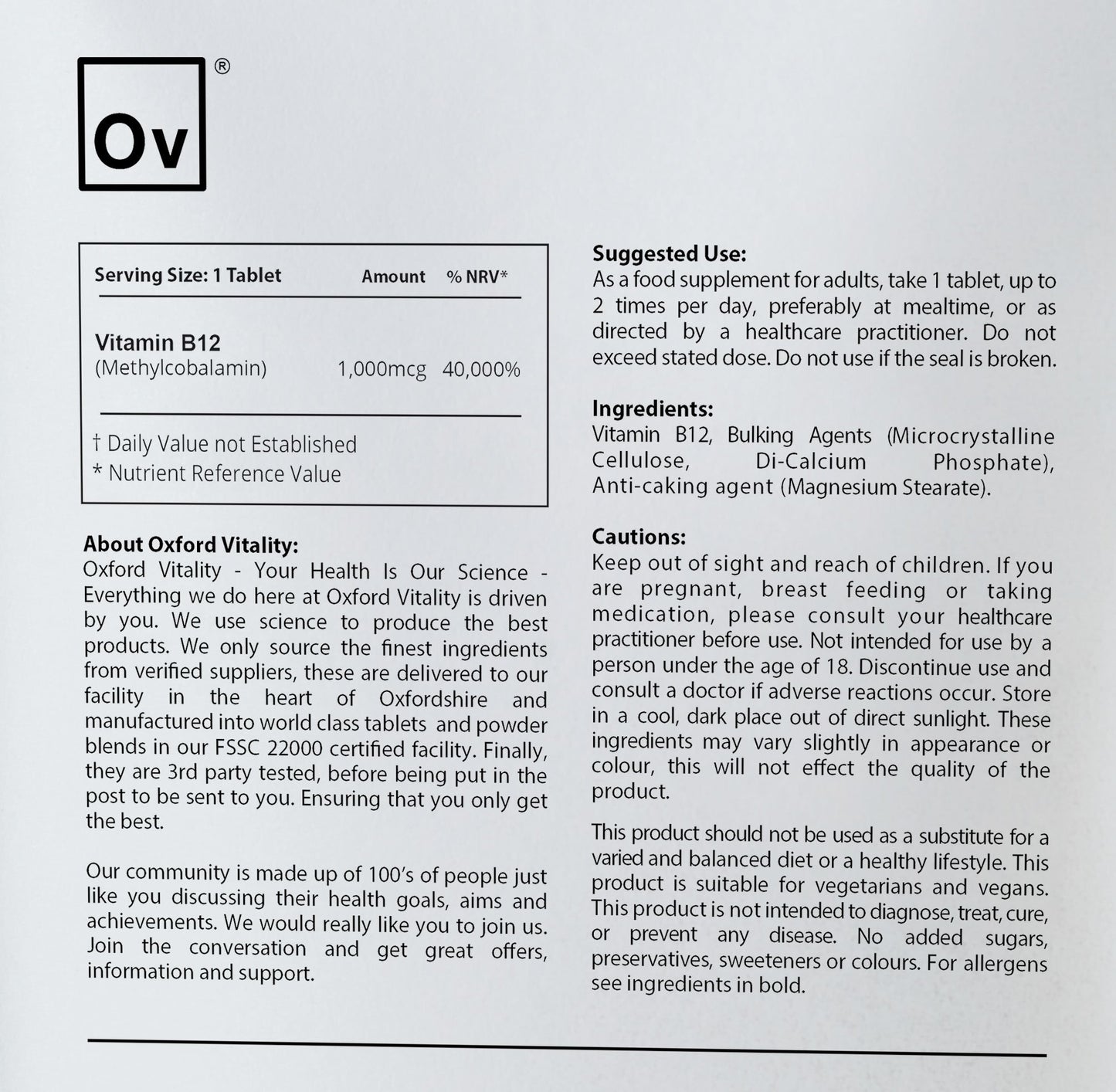 Ov OXFORD VITALITY Vitamin B12 Tablet | 1000 mcg Methylcobalamin Supplement for Vegans, Vegetarians & General Health | Oxford Vitality