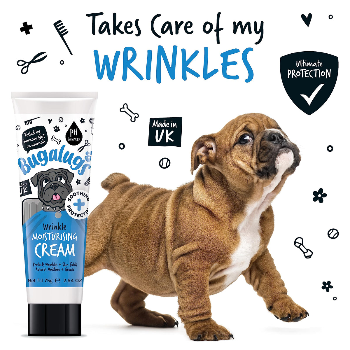 BUGALUGS Wrinkle paste for Bulldogs, French Bulldogs, wrinkly dogs & cats. For itchy wrinkle folds, tear stains & tail pockets, anti-itch & itchy dog skin relief. Great itch remedies for dogs 75g