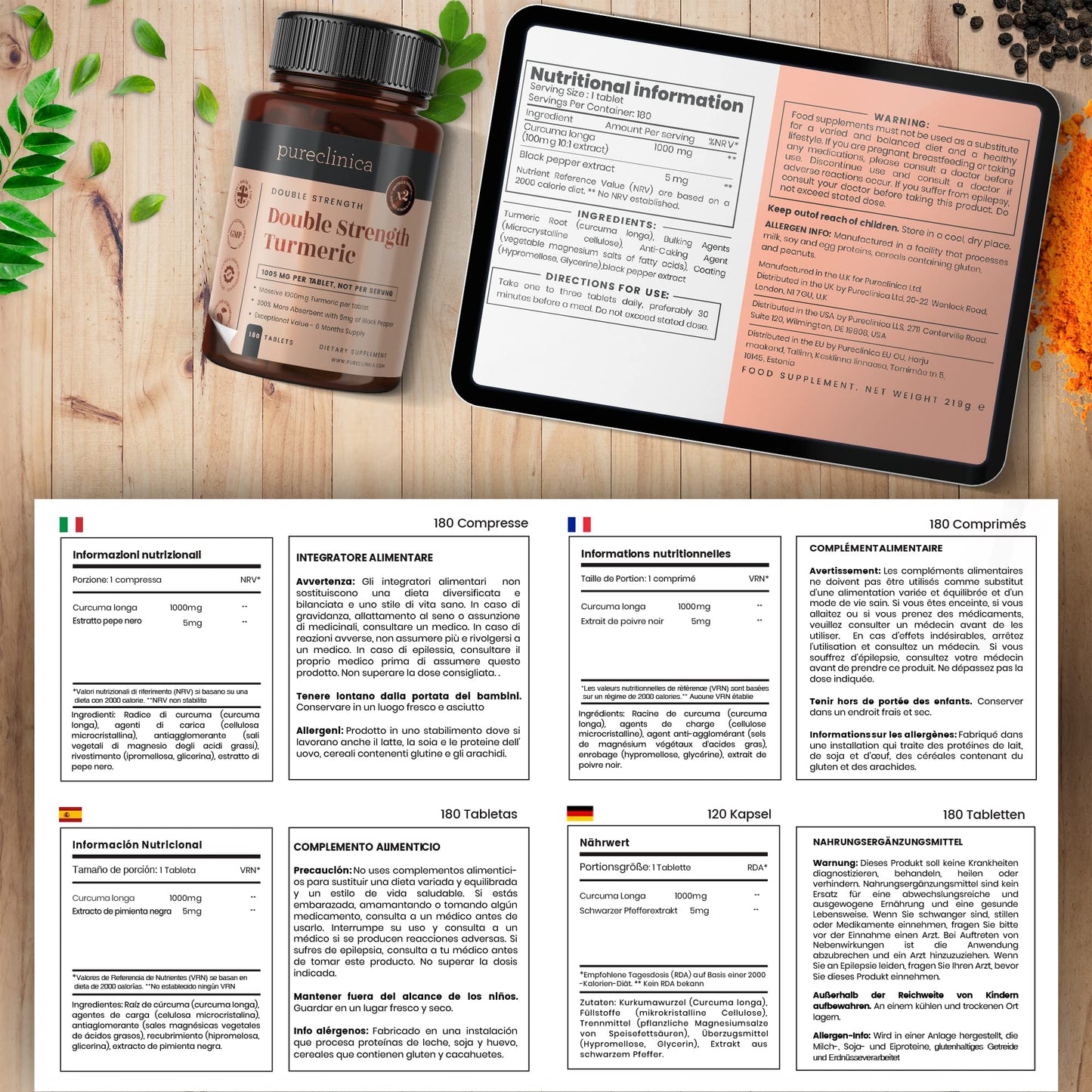 Double Strength Turmeric - 1000mg x 180 Tablets - Natural Levels of Curcumin - and 5mg Black Pepper Extract.