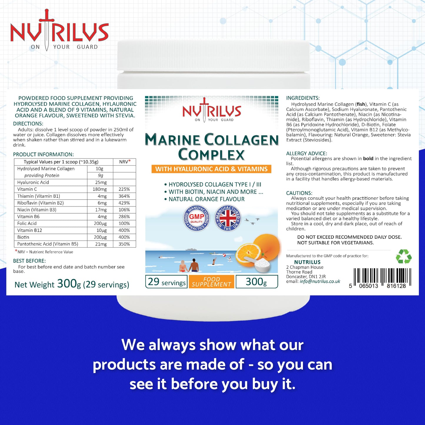 Nutrilus Hydrolysed Marine Collagen Powder 300g with Hyaluronic Acid and Vitamins - 29 Servings - with Biotin, Folic Acid, B12 & more - High Protein - for Skin, Hair, Nails, Joints (Orange)
