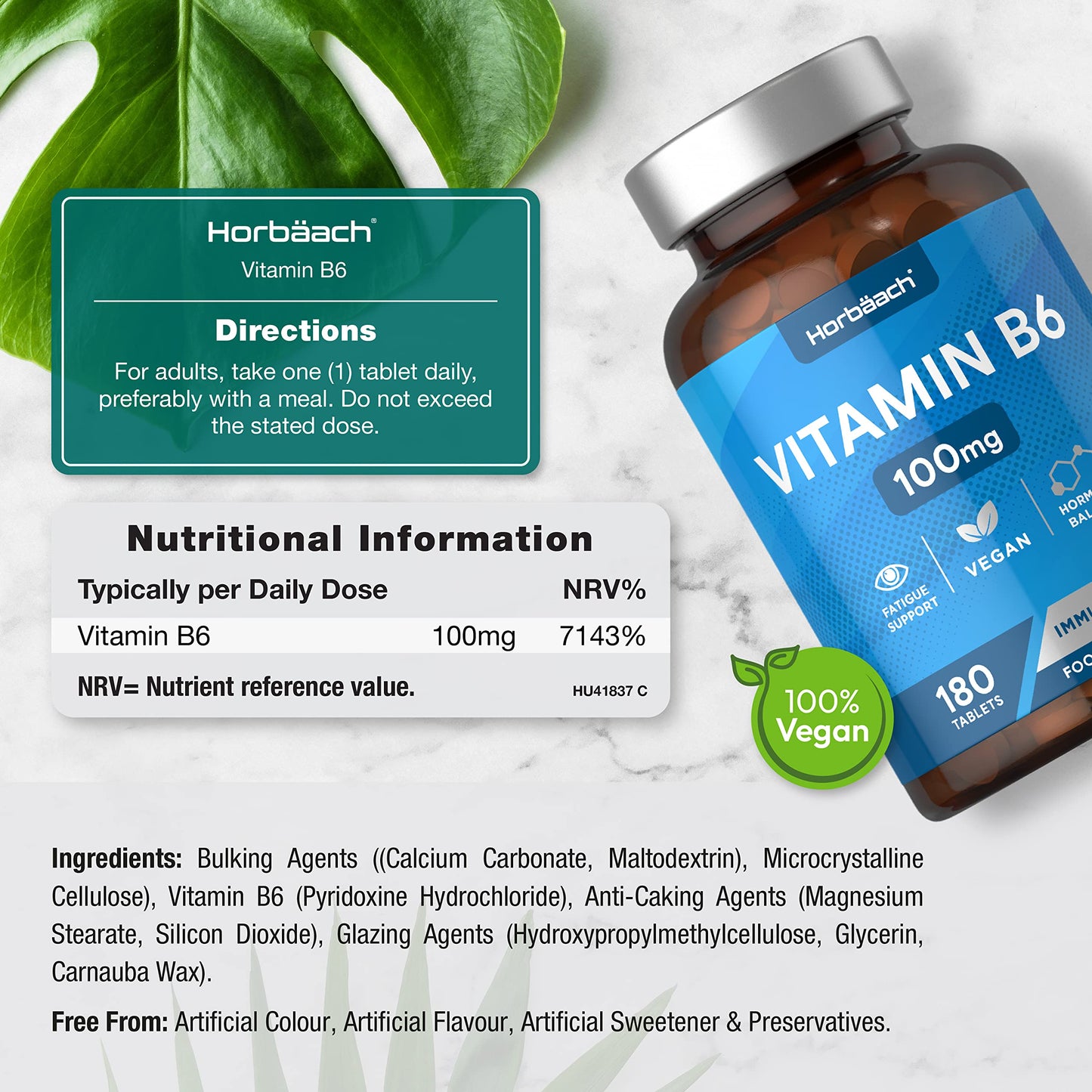 Vitamin B6 100mg | 180 High Strength Tablets | Regulation of Hormonal Activity & Fatigue Support | Suitable for Vegans & Vegetarians | by Horbaach