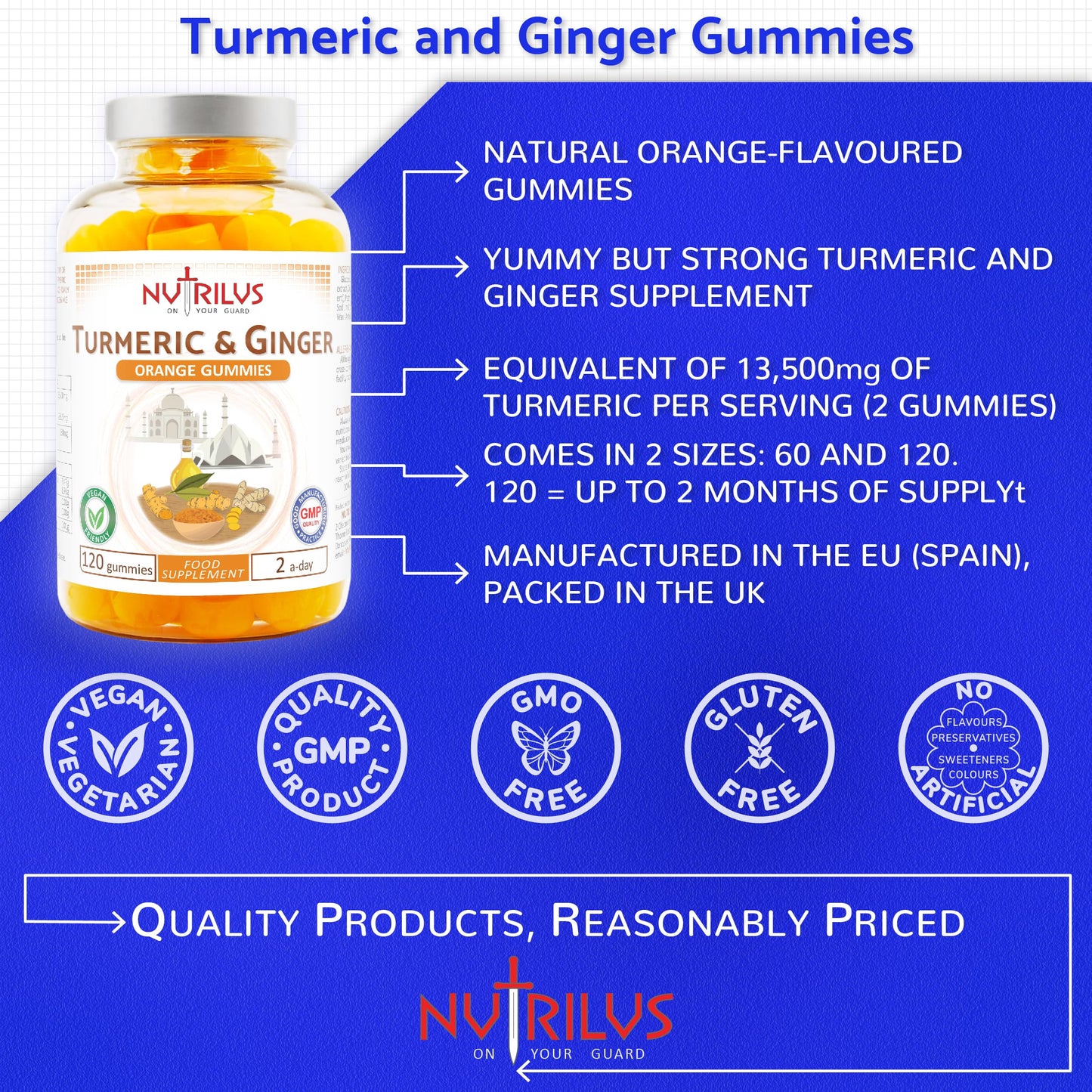 Nutrilus Turmeric and Ginger 60 Natural Orange Gummies - High Strength, Vegan Supplement - 13,500mg per Serving - 95% Curcuminoids (60 Gummies)
