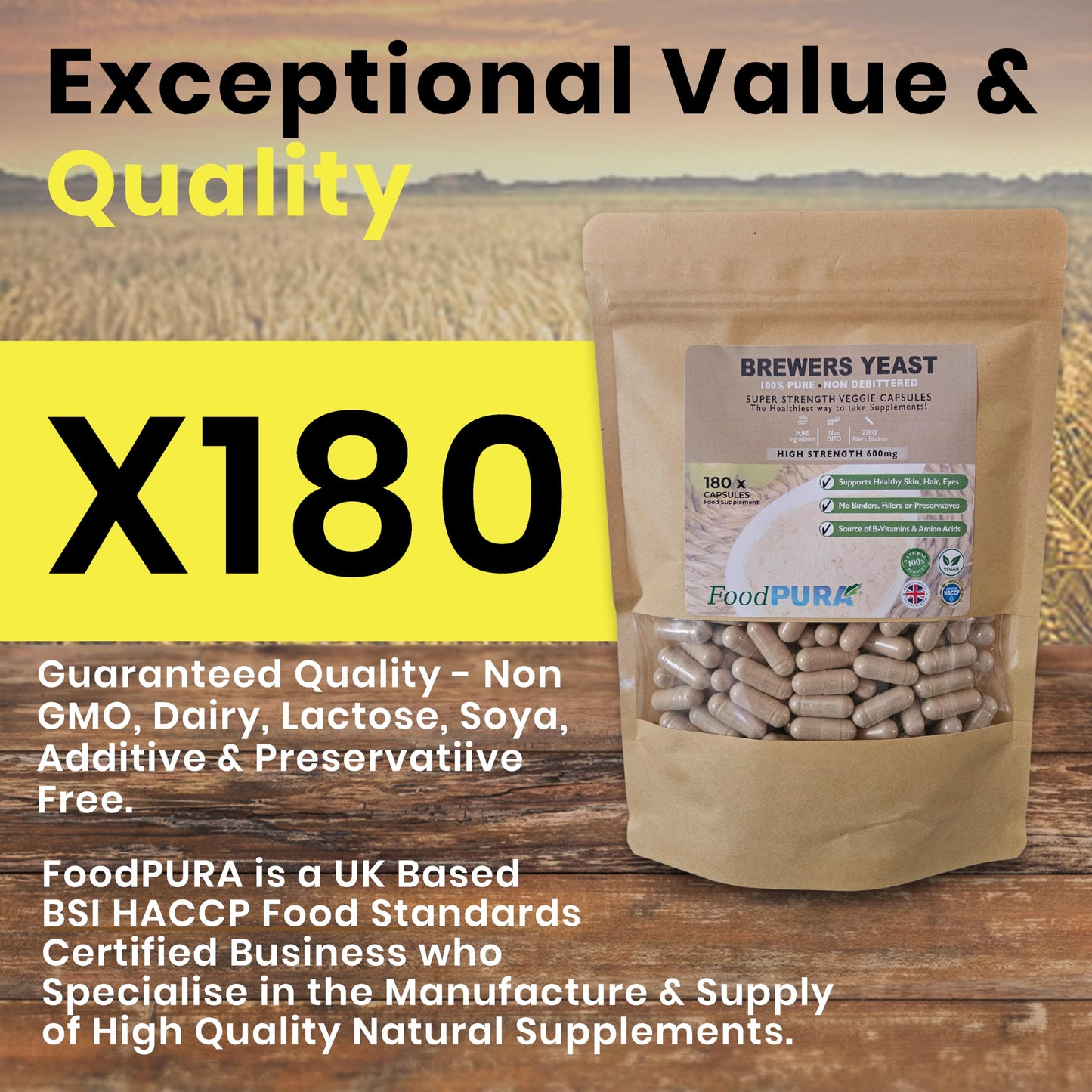 FoodPURA 180 x 600mg Brewers Yeast Capsules 100% Pure & Natural Not Debittered HACCP Certified Manufactured in The UK (180)