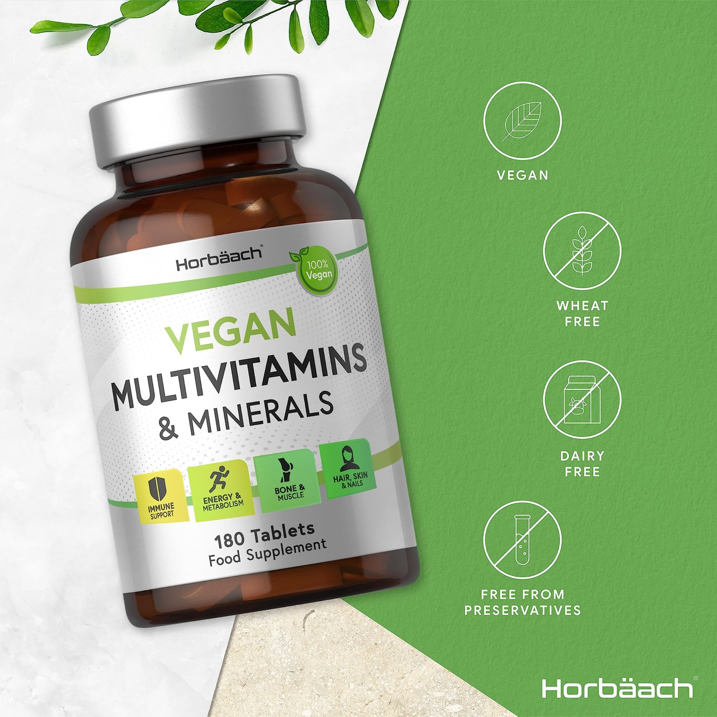 Vegan Multivitamin and Minerals | 180 Tablets | Essential Nutrients for Vegans | No Artificial Preservatives | by Horbaach