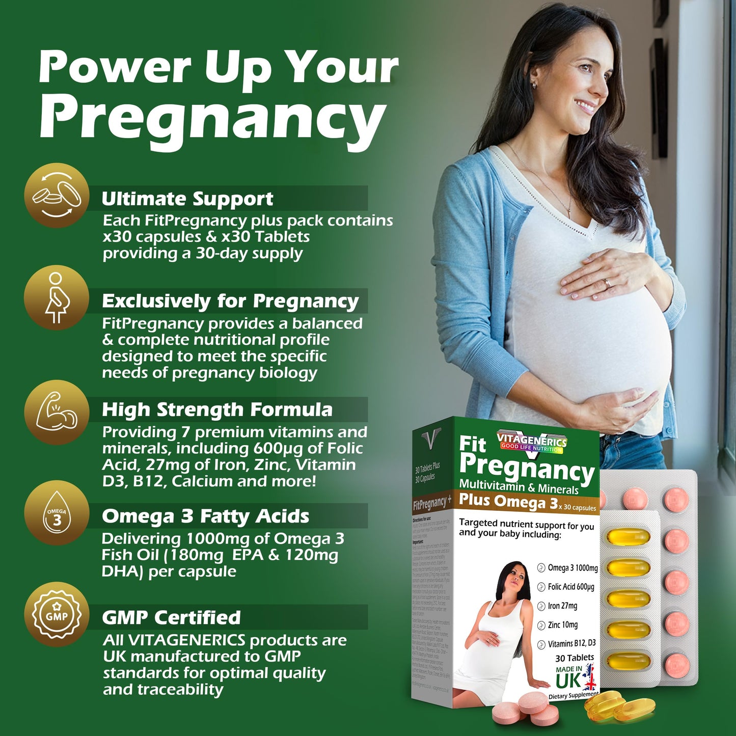 VitaGenerics VITAGENERICS FitPregnancy Multivitamin & Minerals Plus Omega 3, 30 Tablets Plus 30 Capsules, with Zinc, Iron & B Vitamins, Made in UK