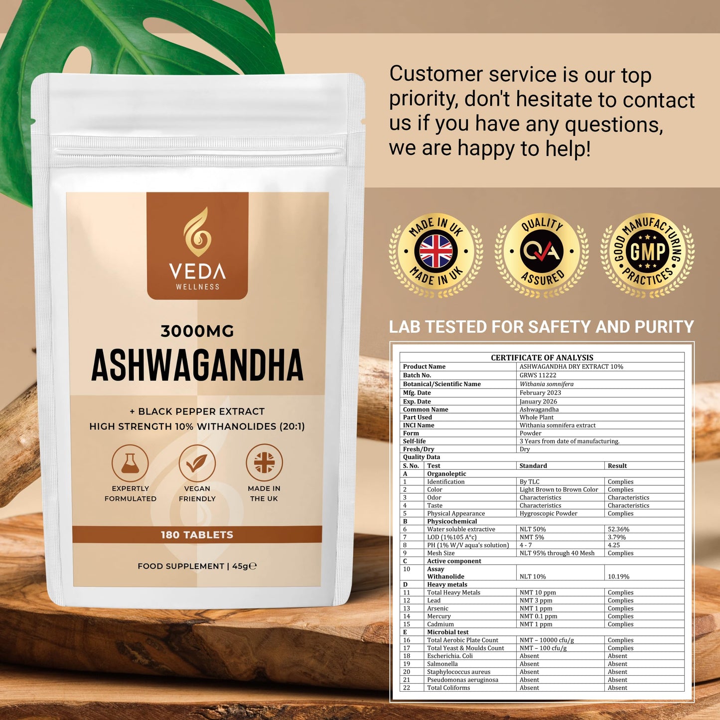 Pure Ashwagandha Extract 180 Tablets 3000mg - 10% Withanolides with Black Pepper Extract - 3 Month Supply - Premium High Strength, Maximum Bioavailability, Vegan Friendly. Made in The UK.