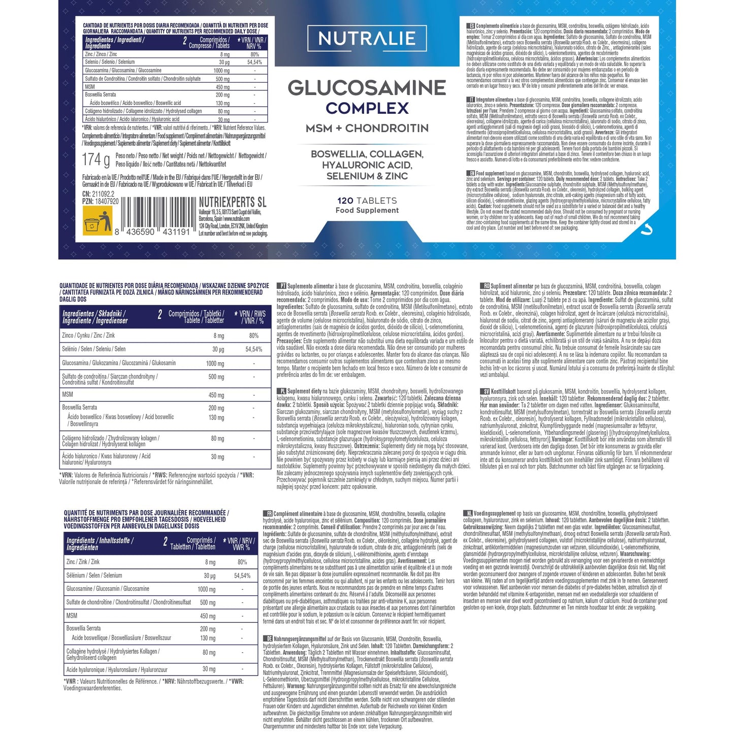 NUTRALIE Glucosamine and Chondroitin MSM, Collagen, Hyaluronic Acid, Boswellia, Selenium and Zinc - 120 Tablets Glucosamine Complex Nutralie