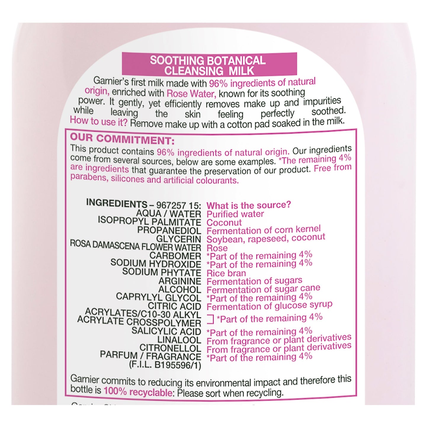 Garnier Natural Rose Water Cleansing Milk Sensitive Skin 200ml (Packaging may vary)