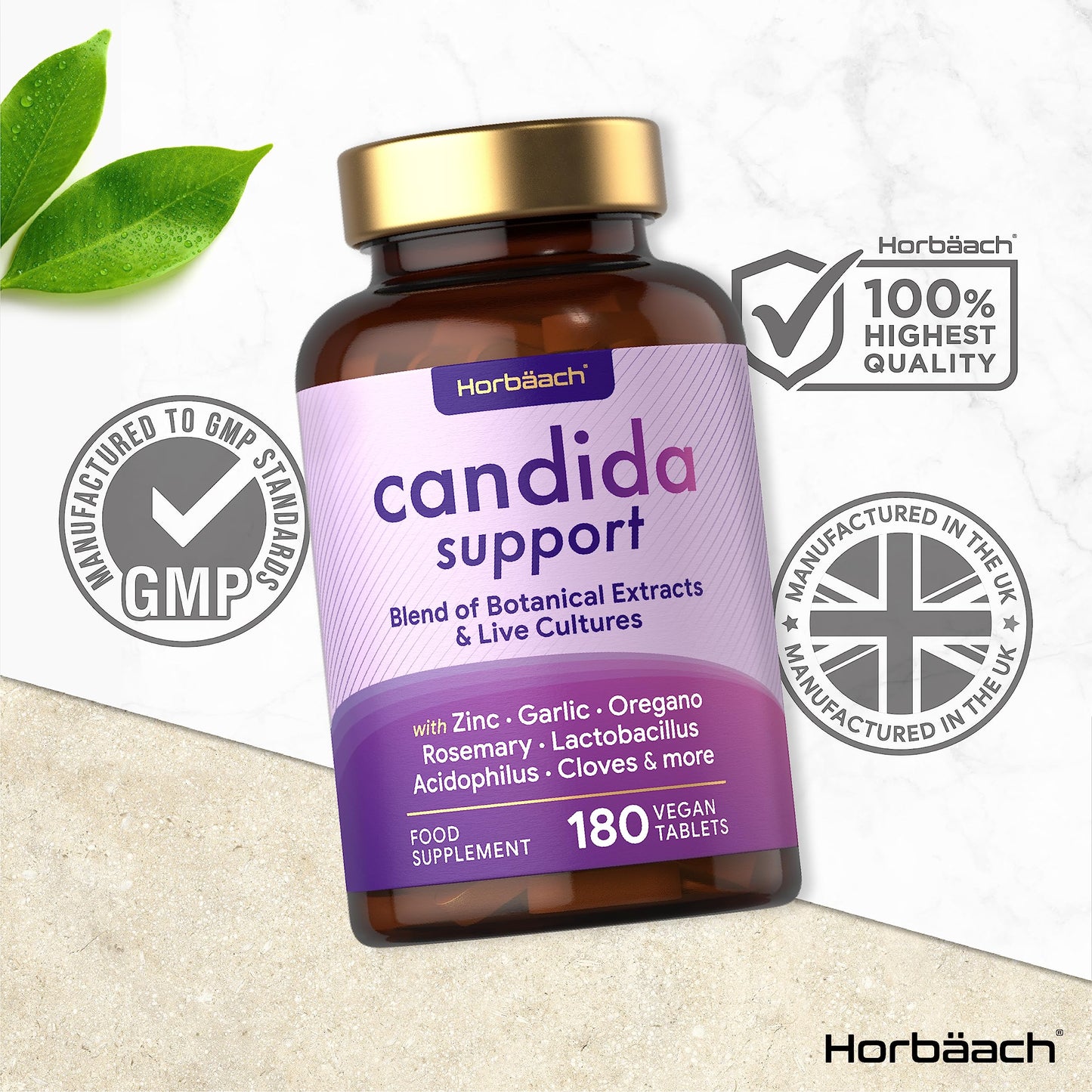 Candida Support | 1 Billion CFU | Botanical & Live Culture Formula with Oregano, Zinc, Garlic, Lactobacillus & More! | 180 Vegan Tablets | by Horbaach