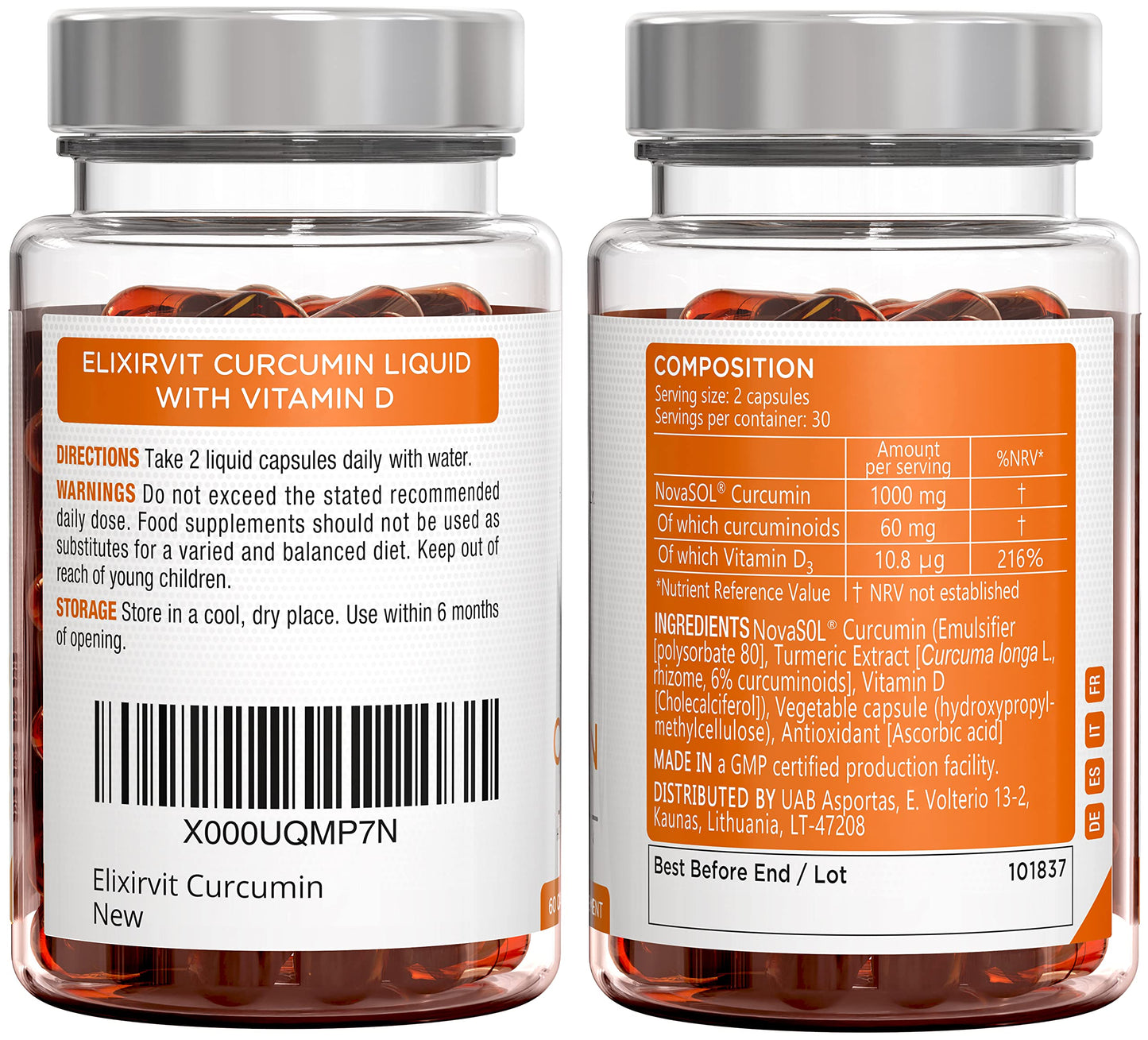 Elixirvit Liquid Curcumin with Vitamin D – 185x More Bioavailable Than Typical Turmeric/Curcumin Supplements – Advanced Turmeric Extract with NovaSOL – 60 High Strength Capsules
