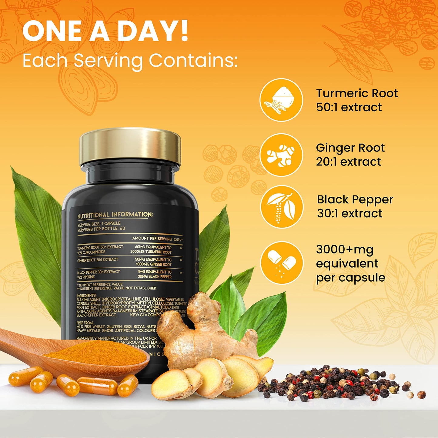 Advanced Turmeric Capsules High Strength 3000mg, Ginger & Black Pepper | ONE per Day | 2 Month Supply | Turmeric and Black Pepper Capsules Locally Made in UK | Turmeric Powder Joint Care Supplements
