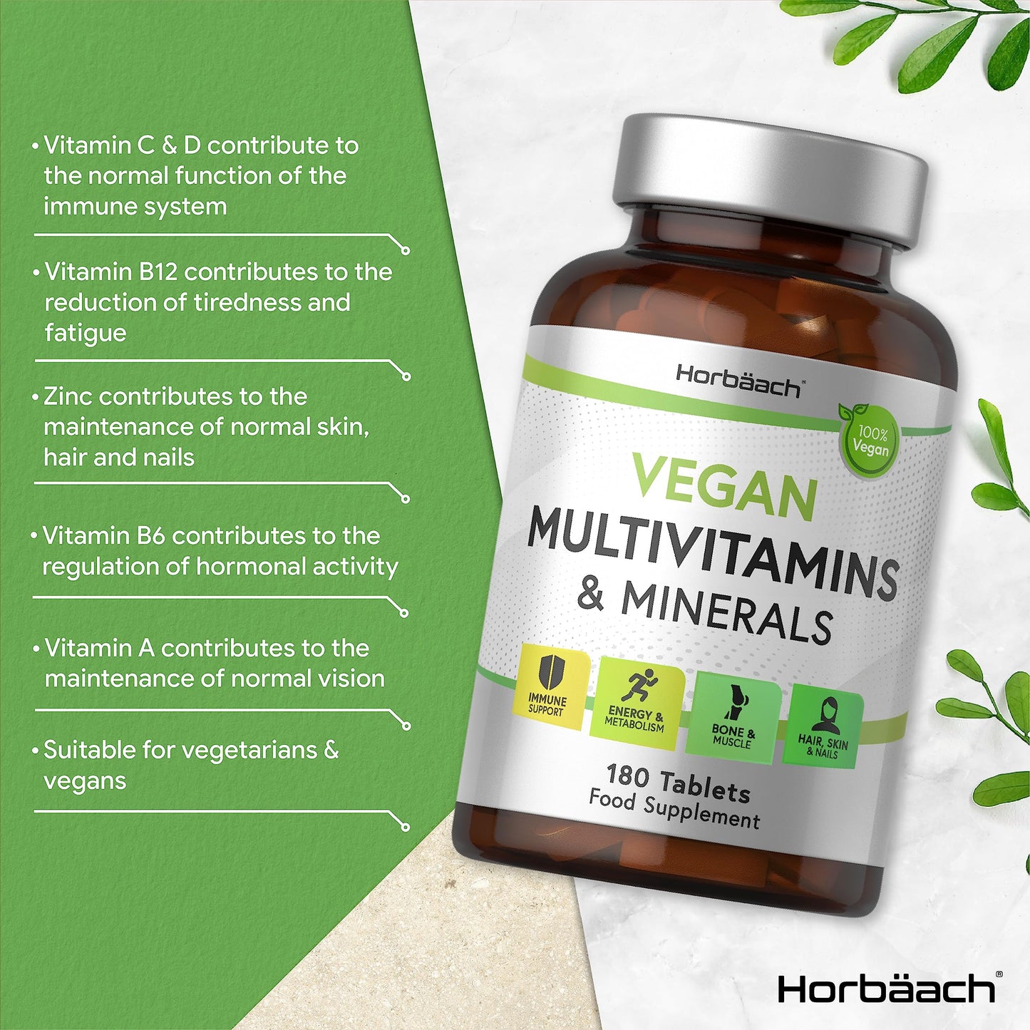 Vegan Multivitamin and Minerals | 180 Tablets | Essential Nutrients for Vegans | No Artificial Preservatives | by Horbaach