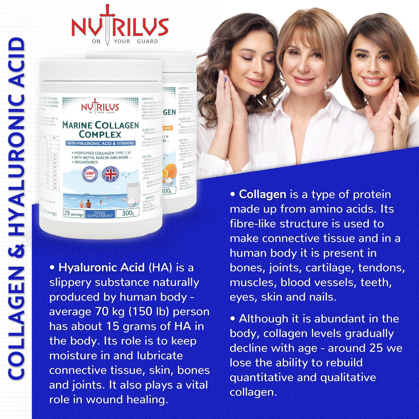 Nutrilus Hydrolysed Marine Collagen Powder 300g with Hyaluronic Acid and Vitamins - 29 Servings - with Biotin, Folic Acid, B12 & more - High Protein - for Skin, Hair, Nails, Joints (Orange)