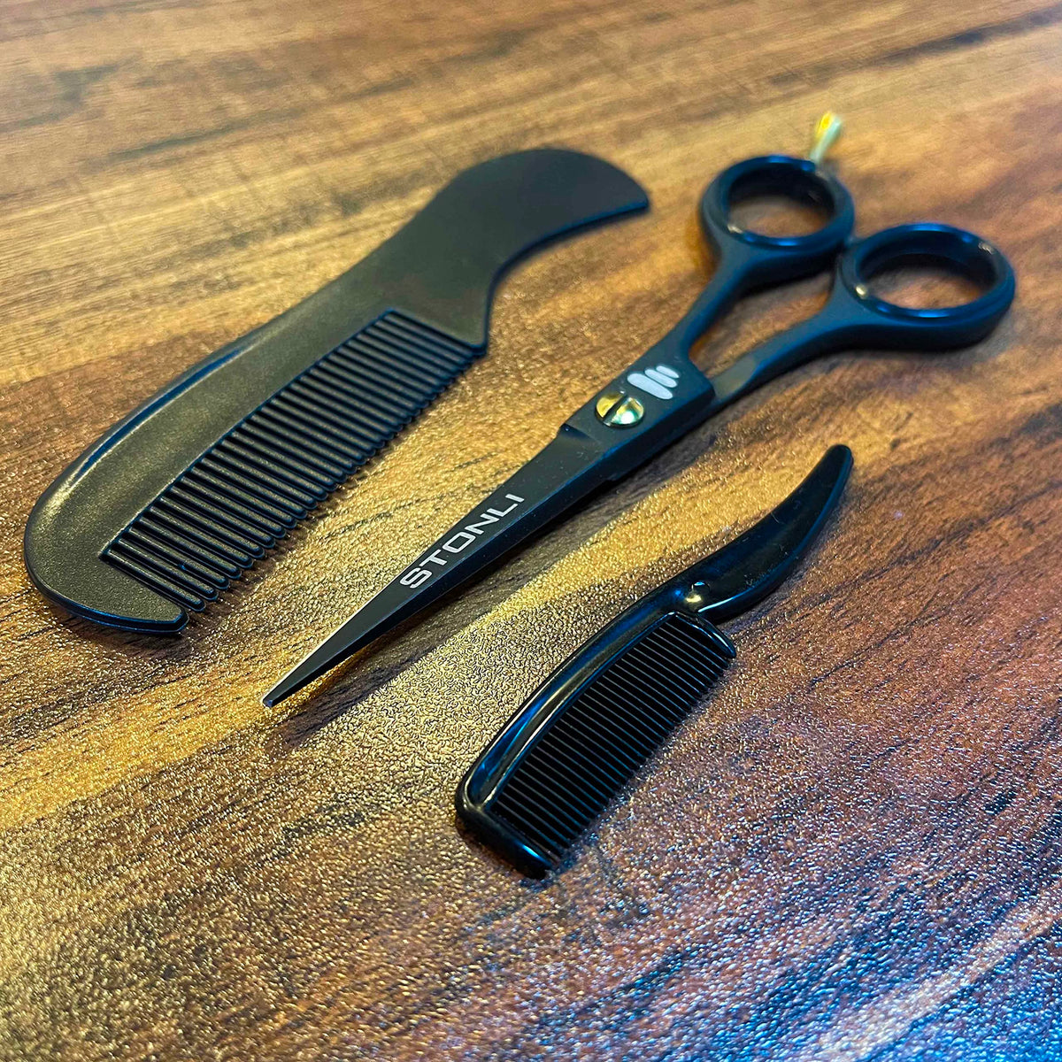 STONLI® 5" Beard and Moustache Scissors with Comb & Pouch - Small Hairdressing Scissors - Nose, Ear & Eyebrows Hair Scissors (Black)