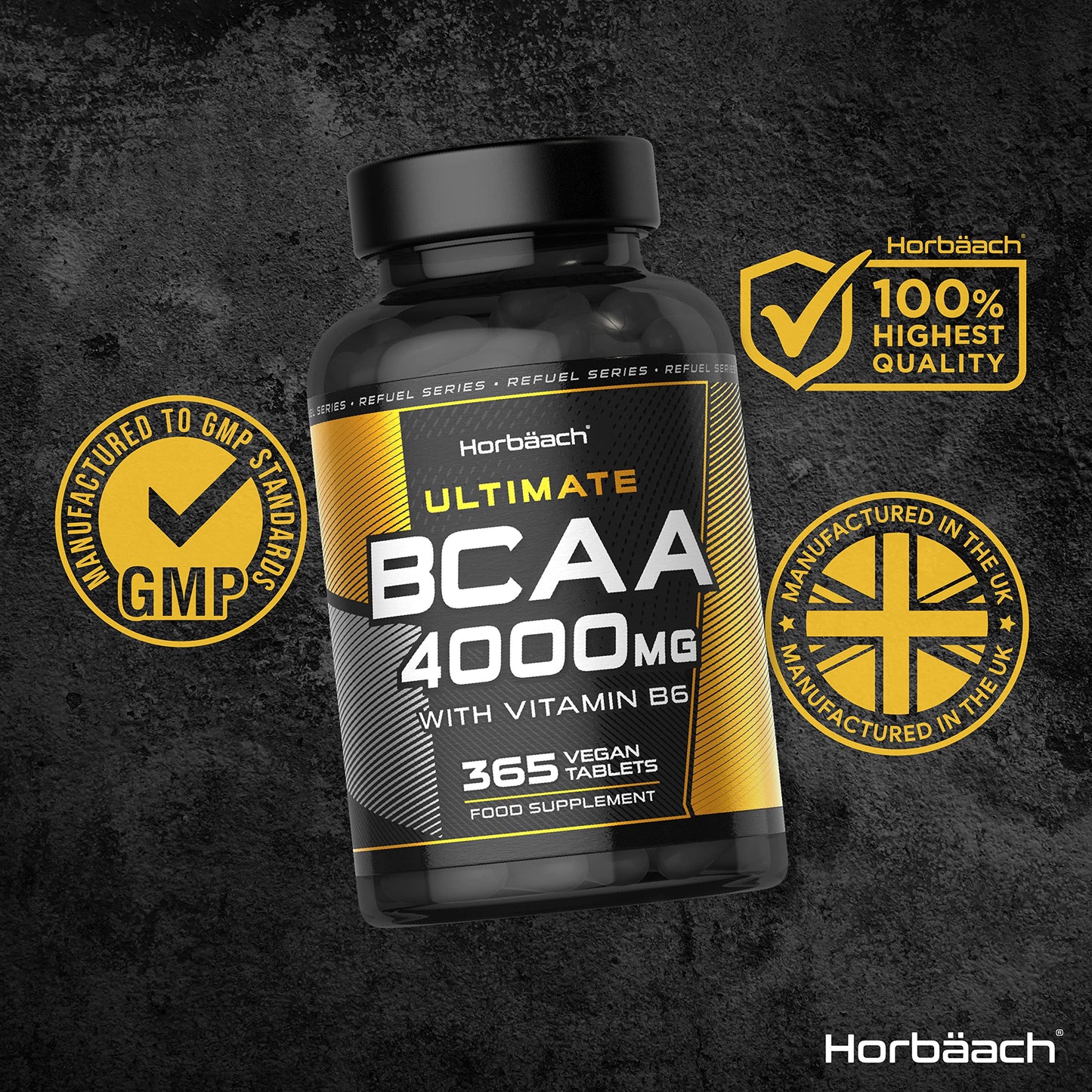 BCAA Tablet | 4000mg BCAAs per Serving | 365 Vegan Tablets | Essential Amino Acid Supplement with Vitamin B6 | by Horbaach