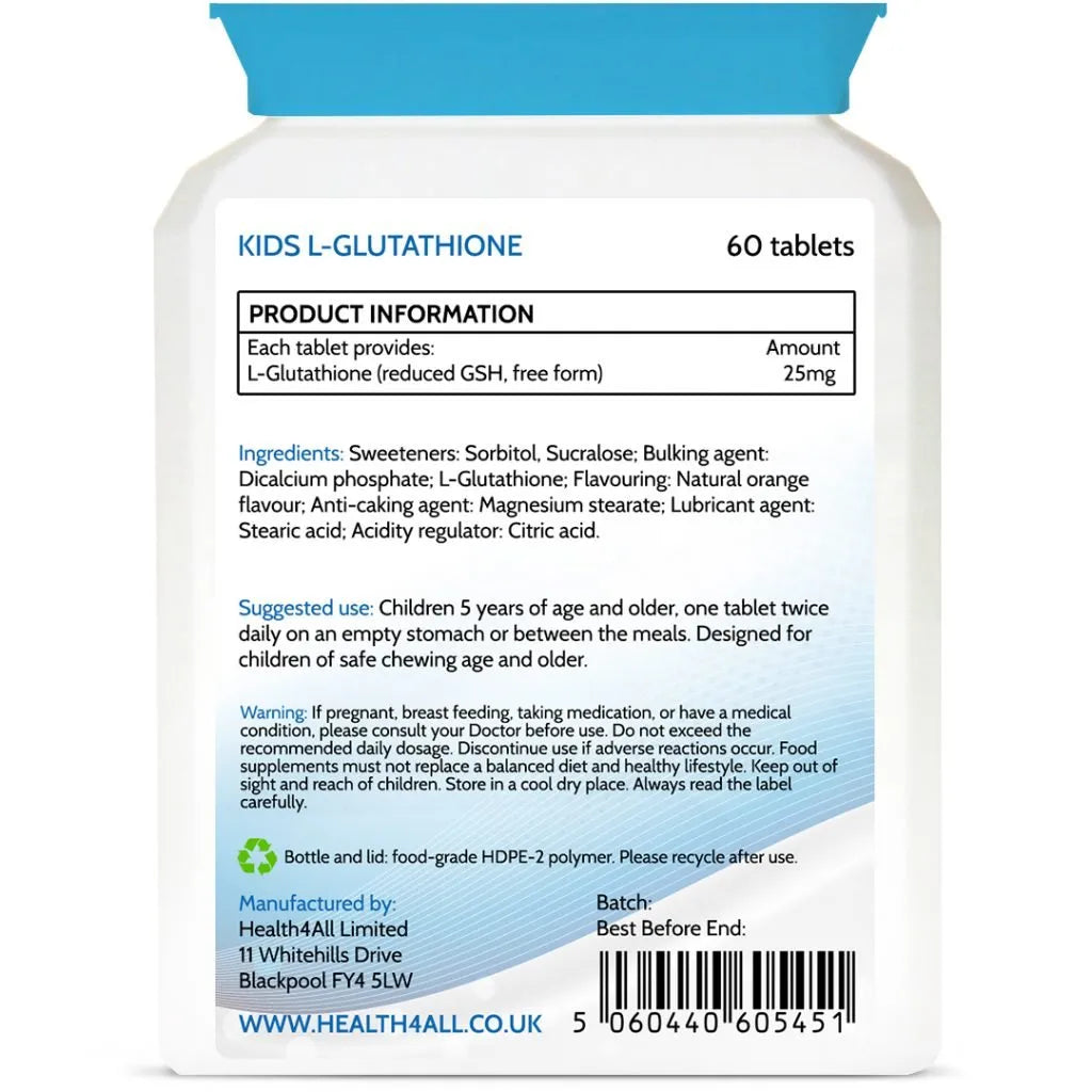 Health4All Kids L-Glutathione 90 25mg Chewable Tablets, Orange Flavored