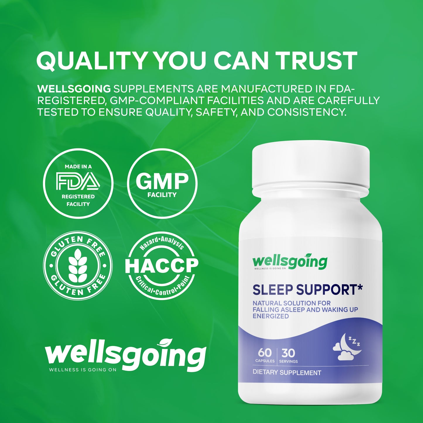 Wellsgoing Sleep Support – Melatonin-Free Relaxation Formula (60 Capsules)