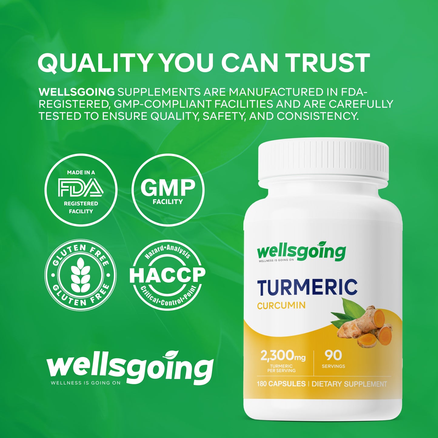 Wellsgoing Turmeric Curcumin 2300 mg – Joint & Immune Support (180 Capsules)