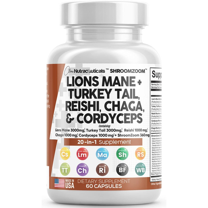 Clean Nutraceuticals Lions Mane 3000mg 20in1 Mushroom Supplement with Turkey Tail 2000mg Reishi 1000mg Cordyceps Chaga 1000mg Maitake Meshima Poria Cocos Shiitake Oyster Porcini Enoki Cognitive, Energy, Focus Pills USA