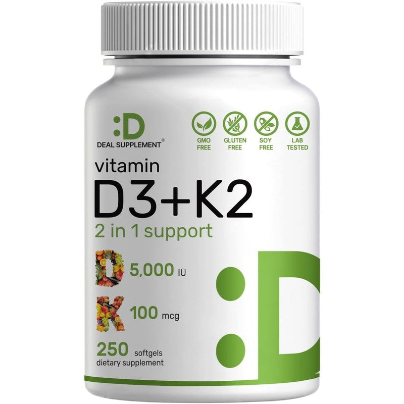 DEAL SUPPLEMENT Vitamin D3 K2 Softgel, 250 Count, 2-1 Complex, Vitamin D3 5000 IU & Vitamin K2 MK7, Promotes Heart, Bone & Teeth Health – Very Easy to Swallow